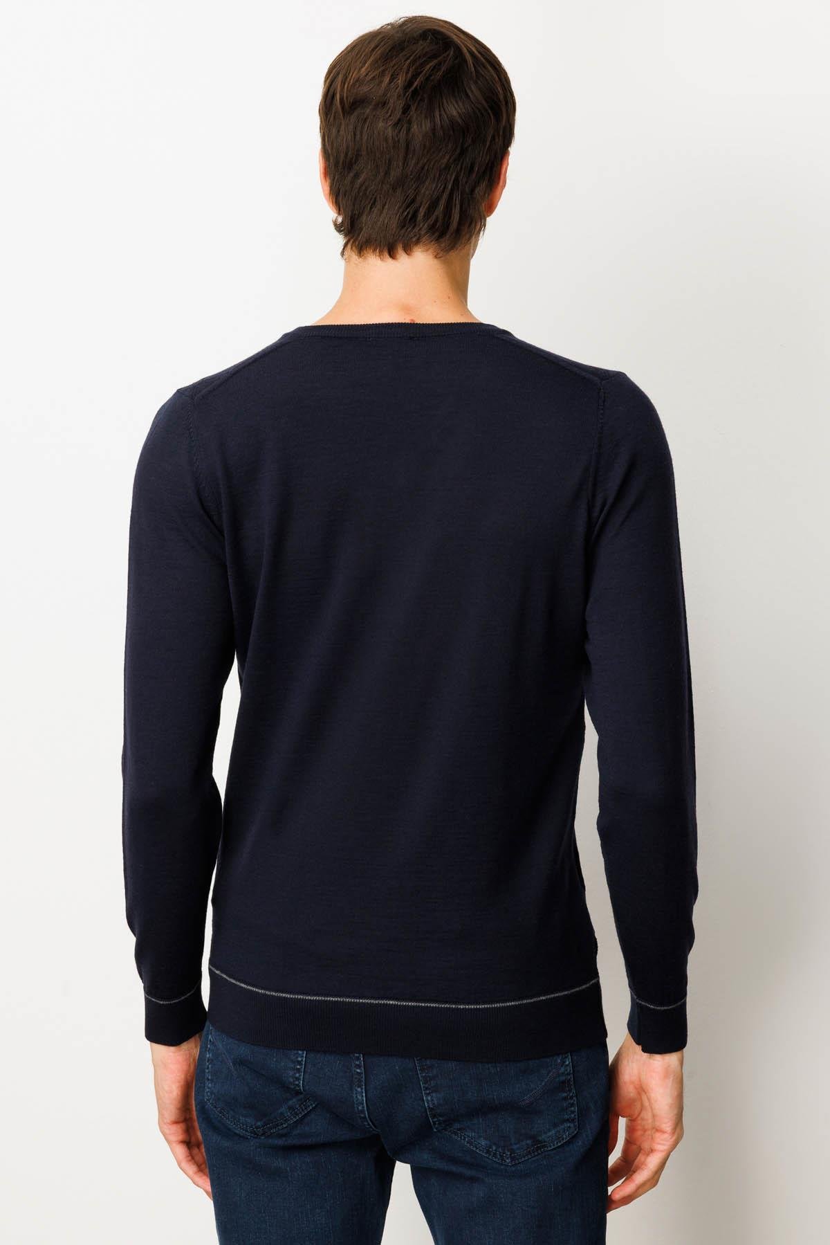 25604Erkek V Yaka Çizgili Baklavalı Yün Kazak K.Lacivert