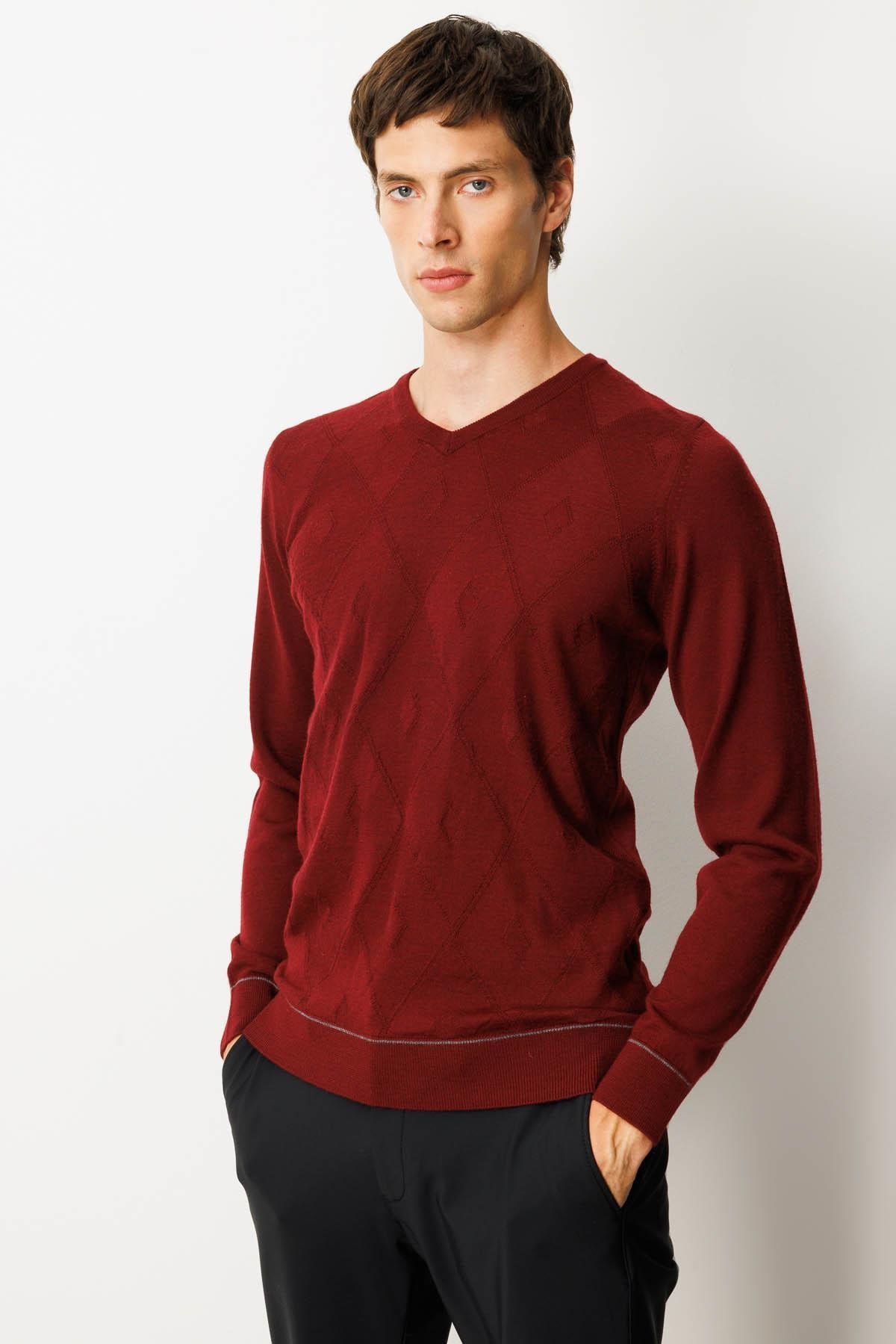 25604Erkek V Yaka Çizgili Baklavalı Yün Kazak Bordo