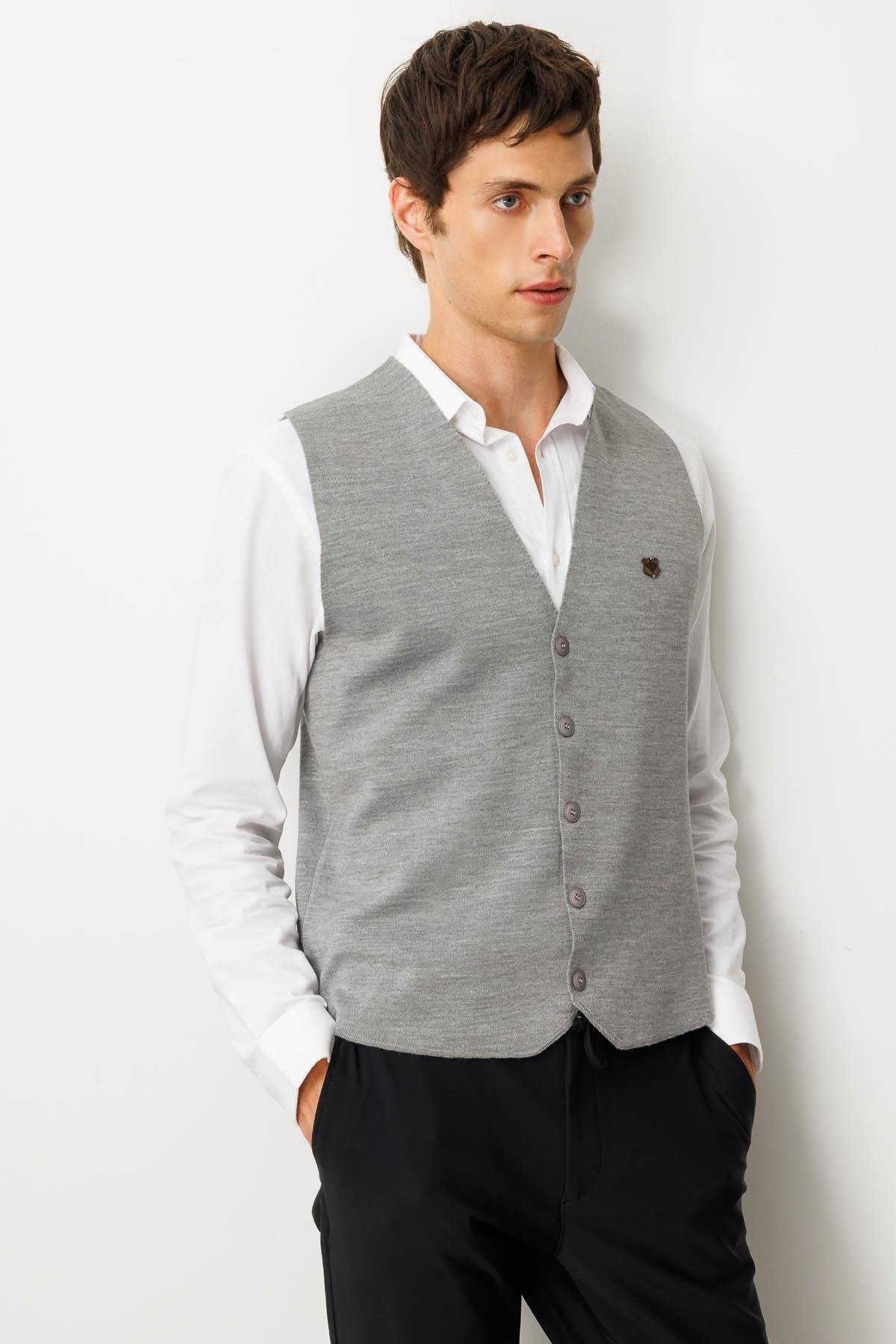 23511Erkek V Yaka Düz Yün Yelek A.Gri
