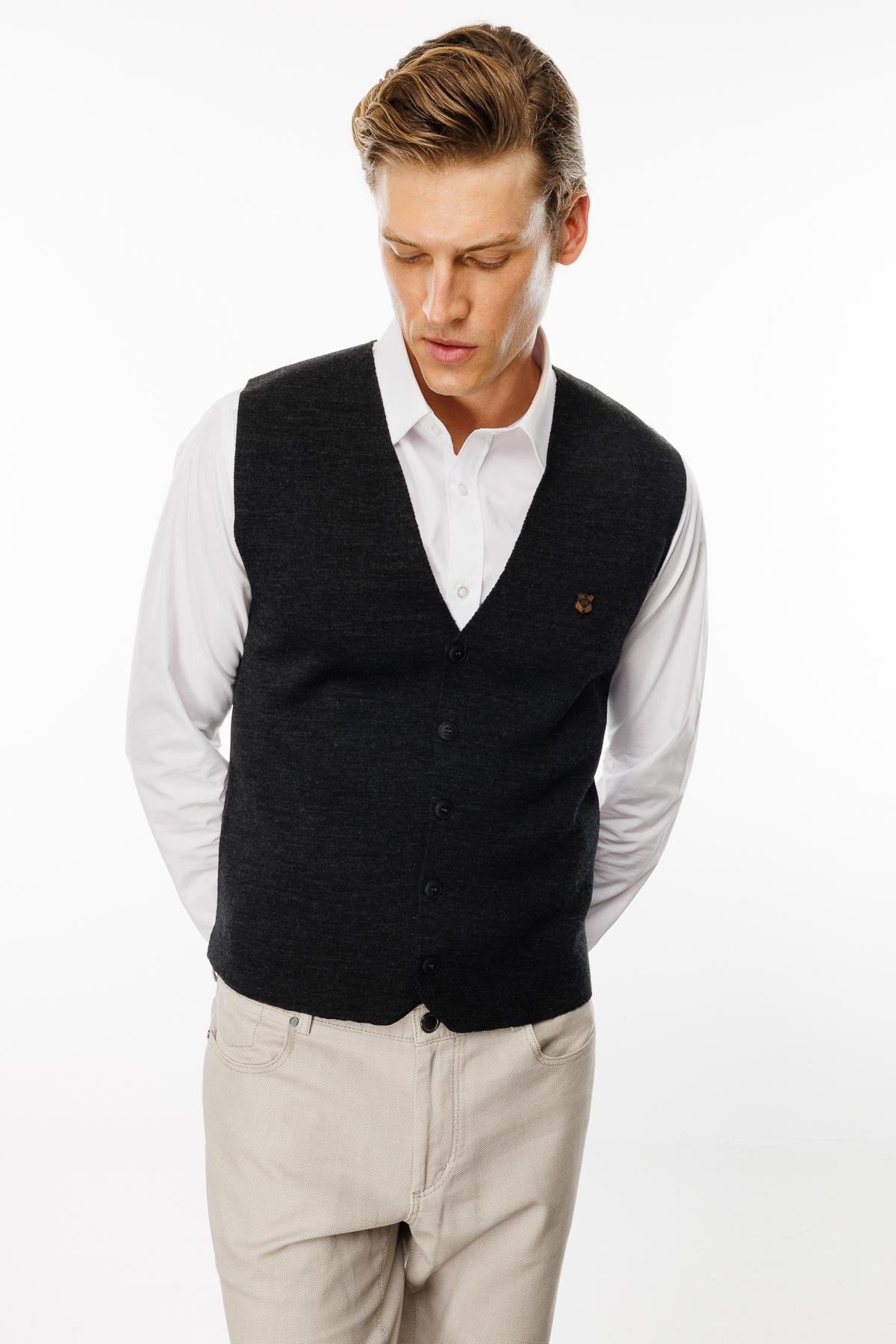 23511Erkek V Yaka Düz Yün Yelek Antrasit