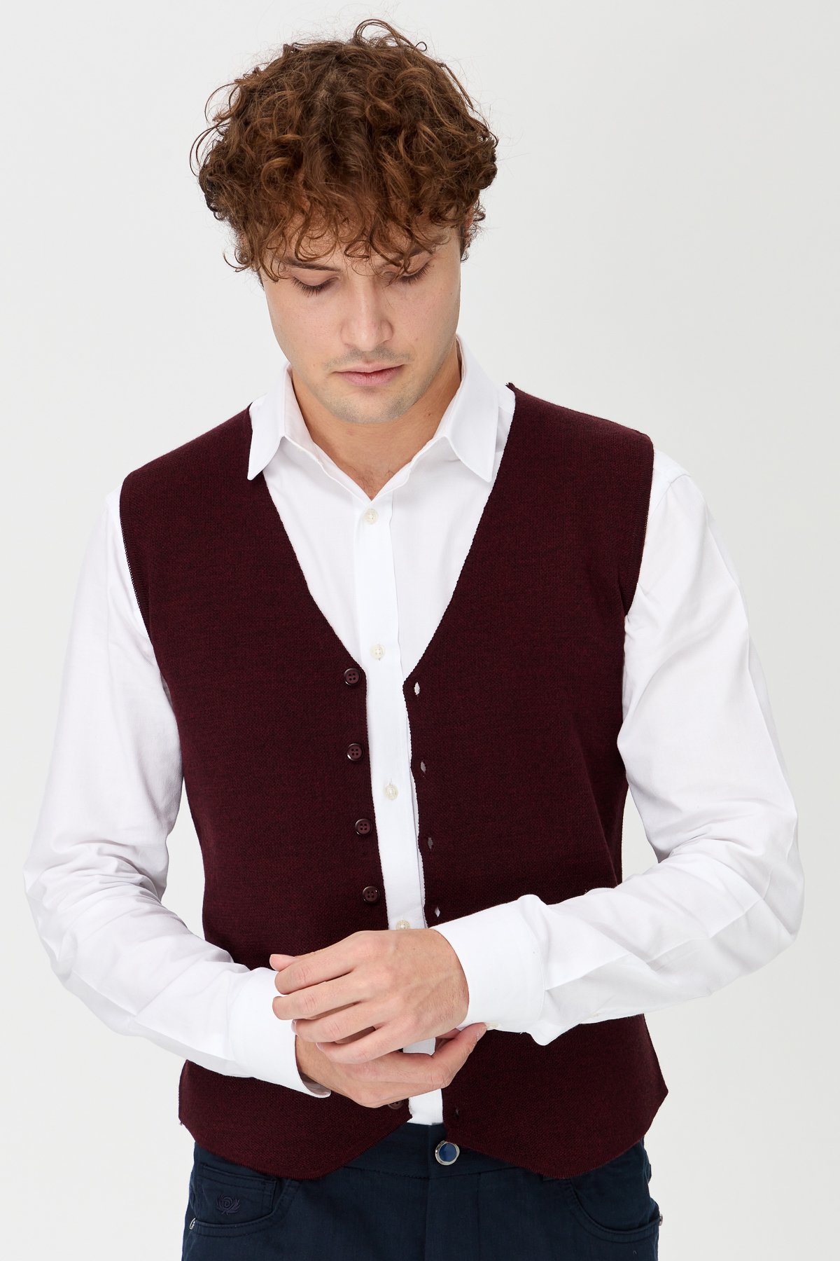 23559Erkek V Yaka İnce Triko Yelek Bordo