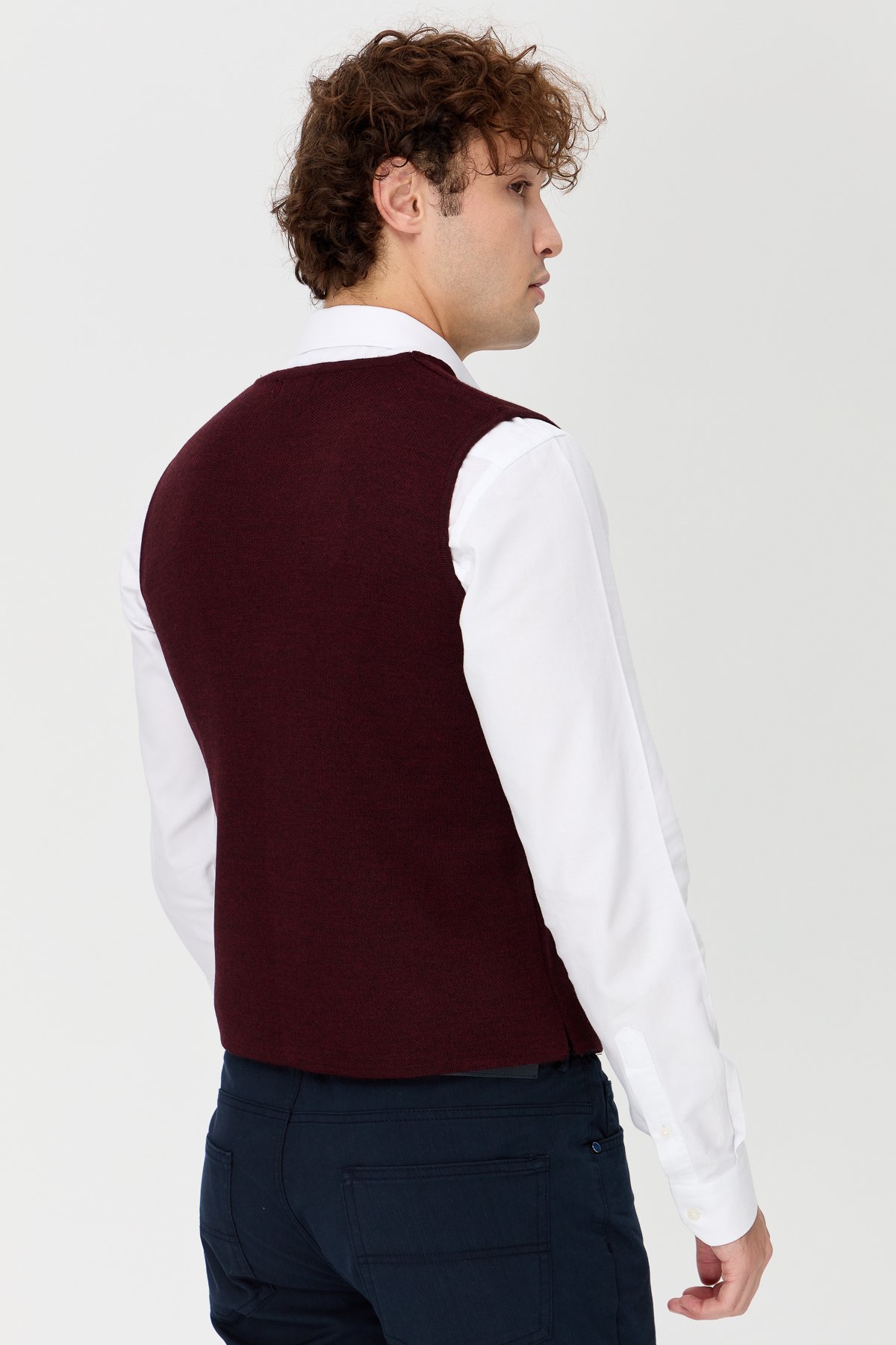 23559Erkek V Yaka İnce Triko Yelek Bordo