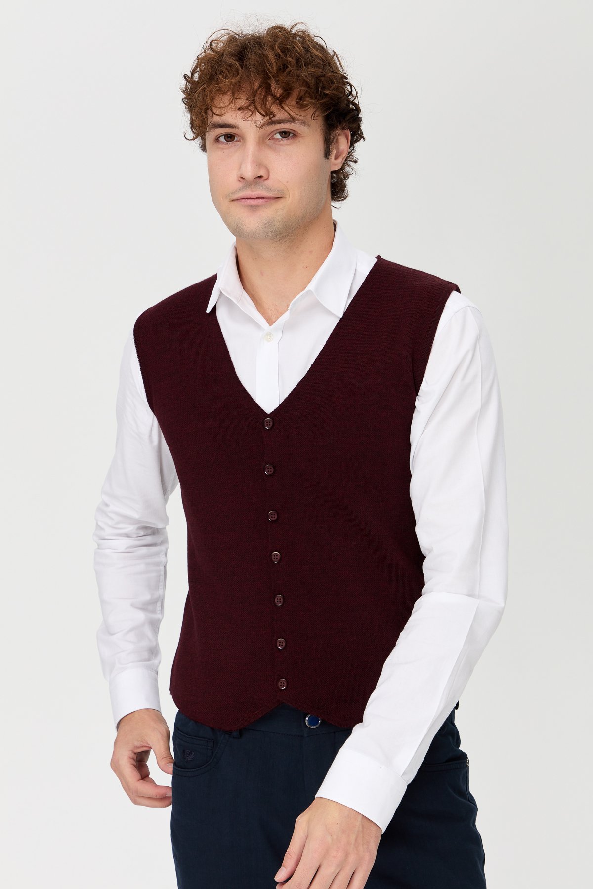 23559Erkek V Yaka İnce Triko Yelek Bordo