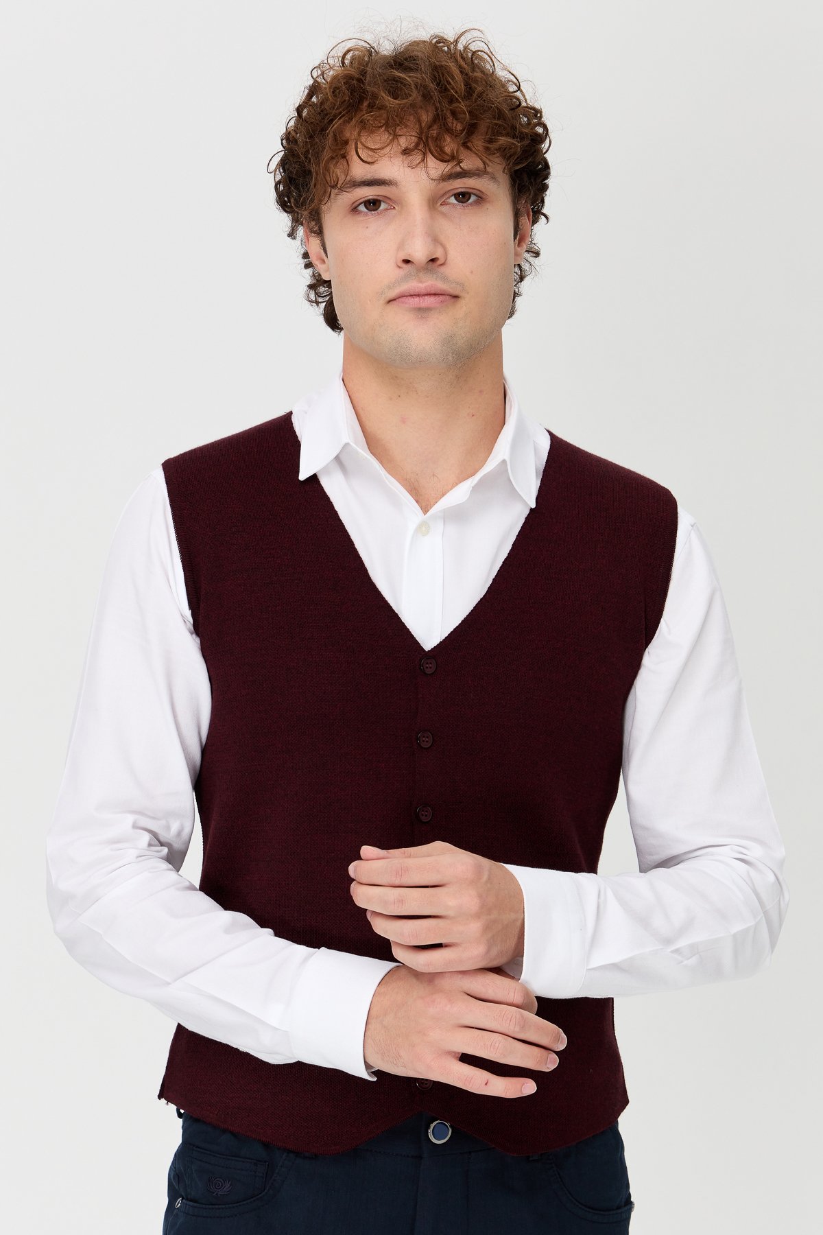 23559Erkek V Yaka İnce Triko Yelek Bordo