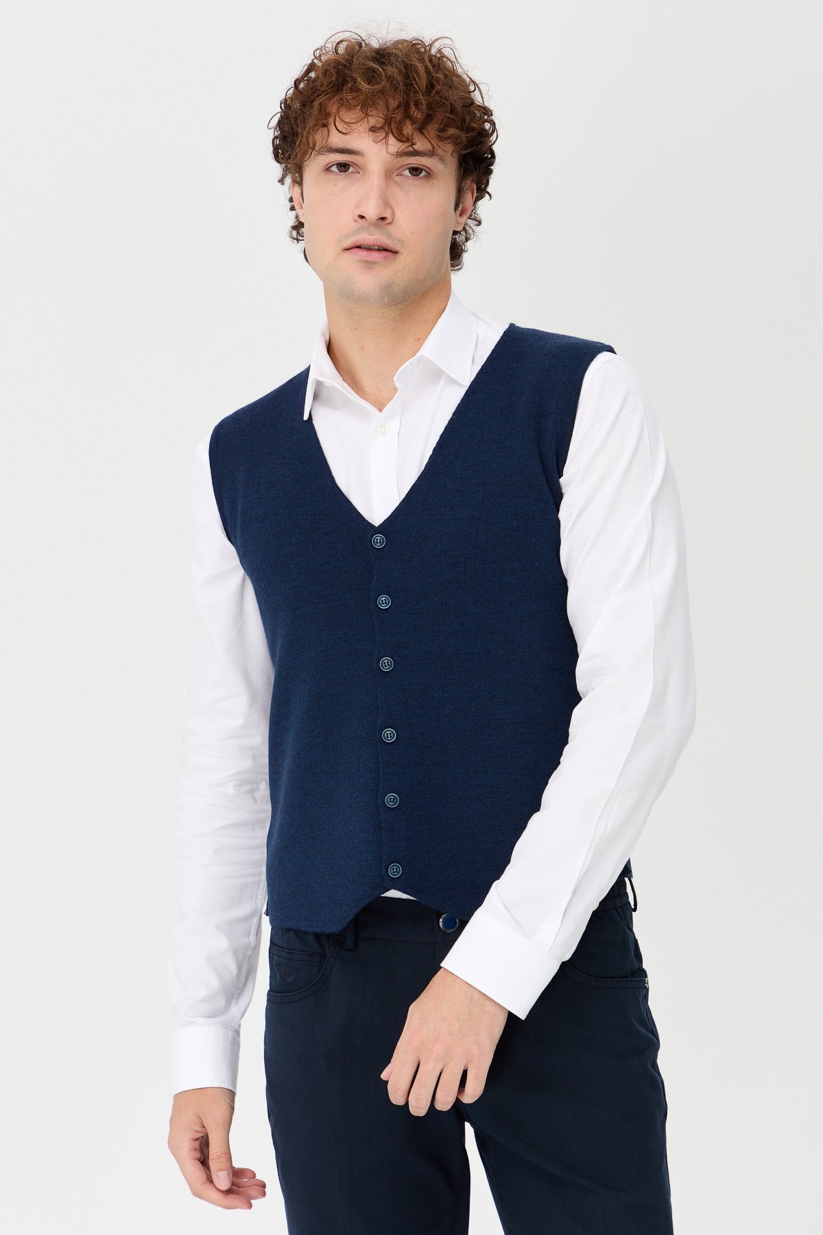 23559Erkek V Yaka İnce Triko Yelek İndigo