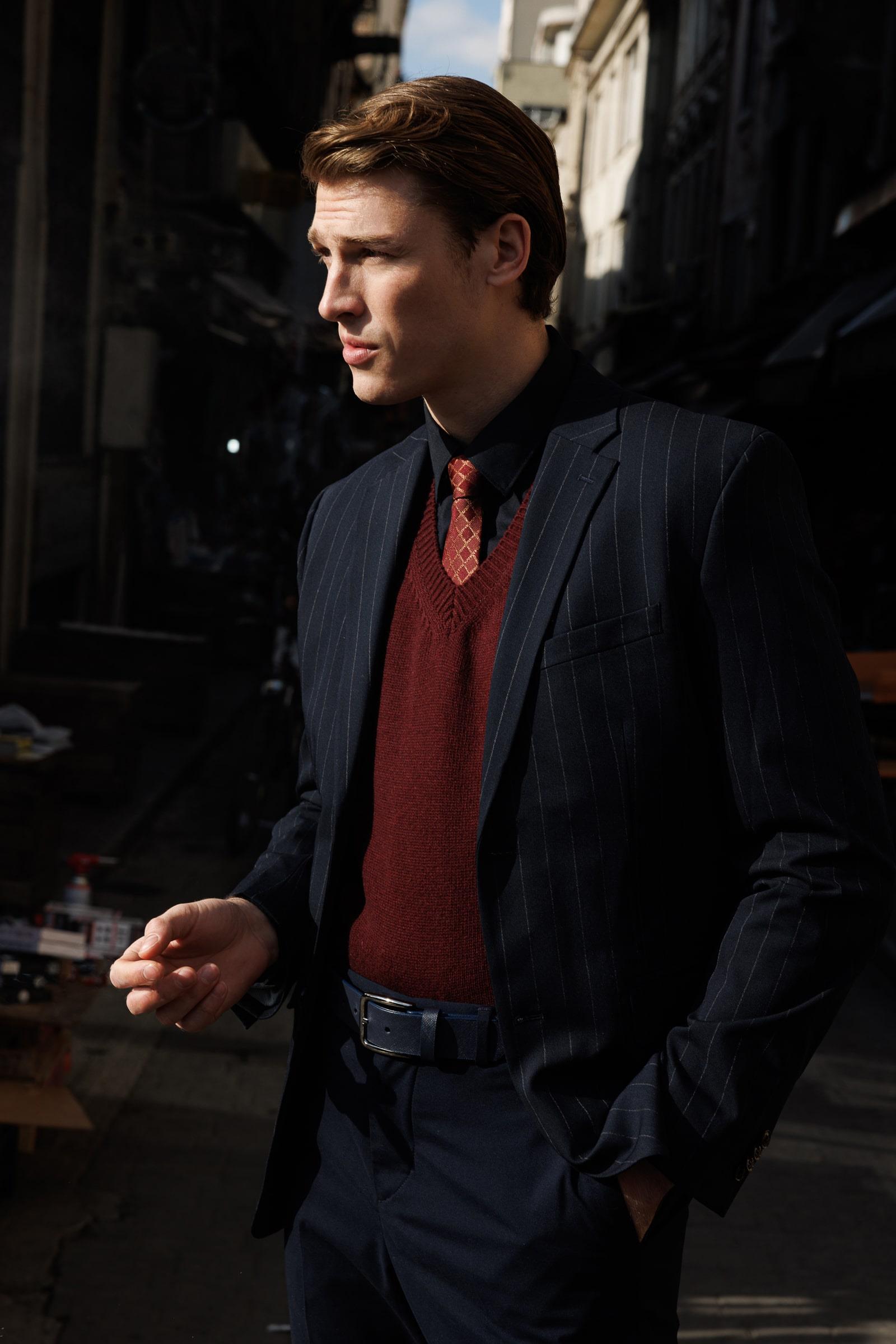 23504Мужской толстый шерстяной свитер с v-образным вырезом