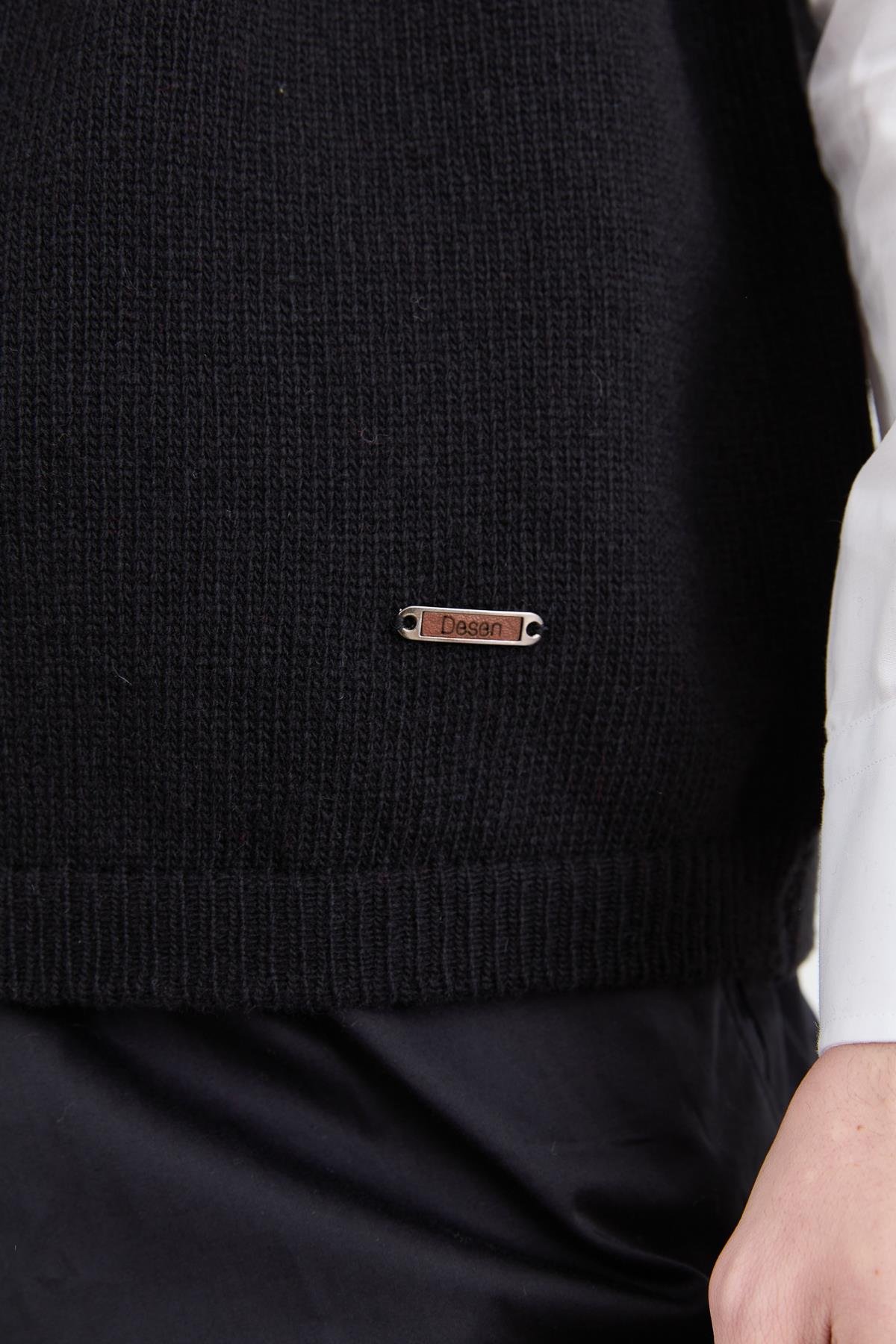 23504Erkek V Yaka Kalın Klasik Yün Süveter Siyah