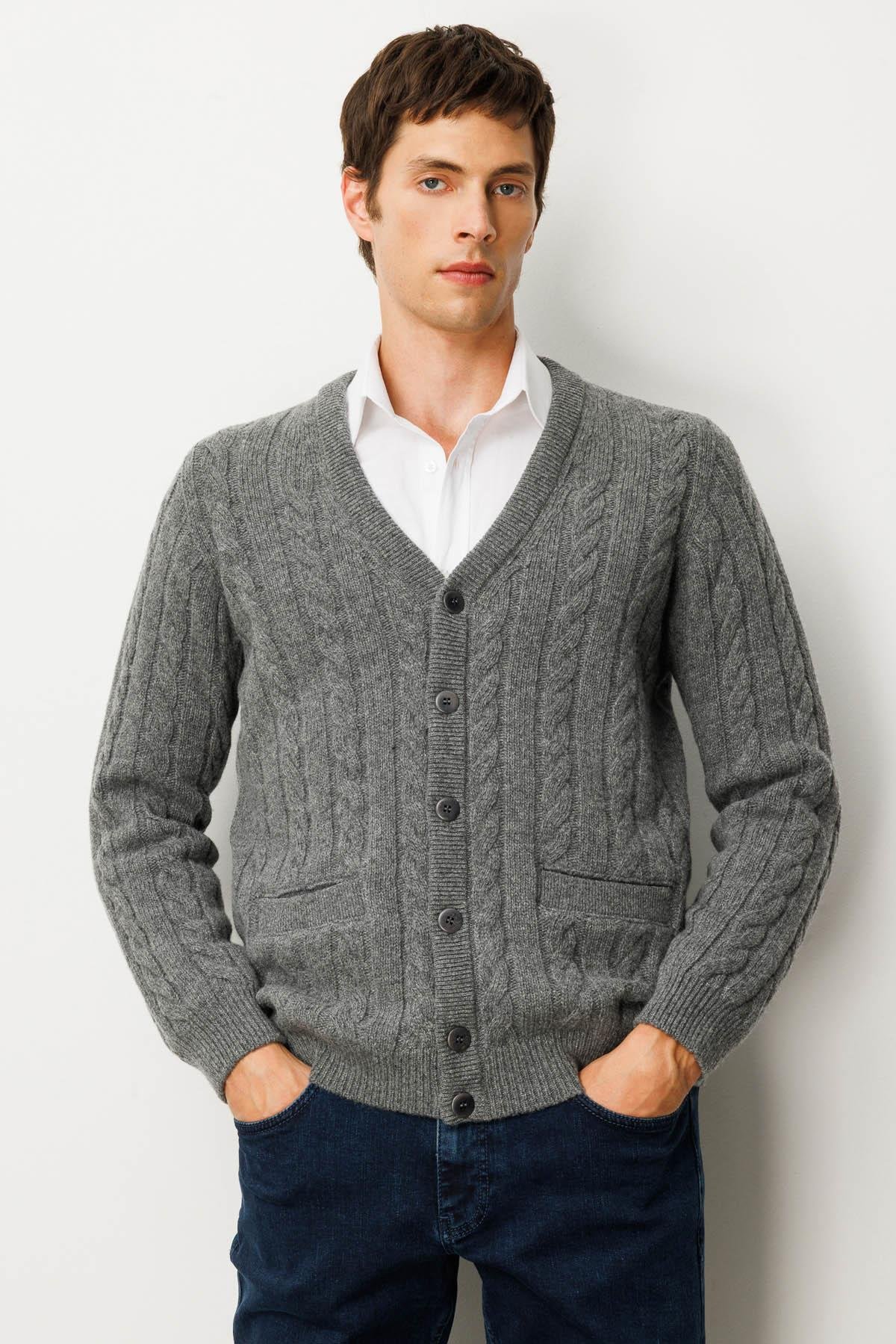 25520Erkek V Yaka Kalın Saç Örgülü Yün Ceket Füme