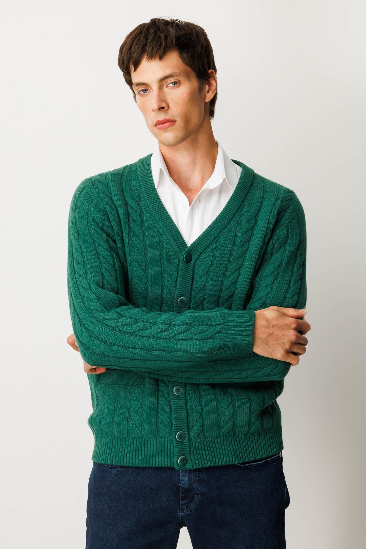 25520Erkek V Yaka Kalın Saç Örgülü Yün Ceket Ö.Başı