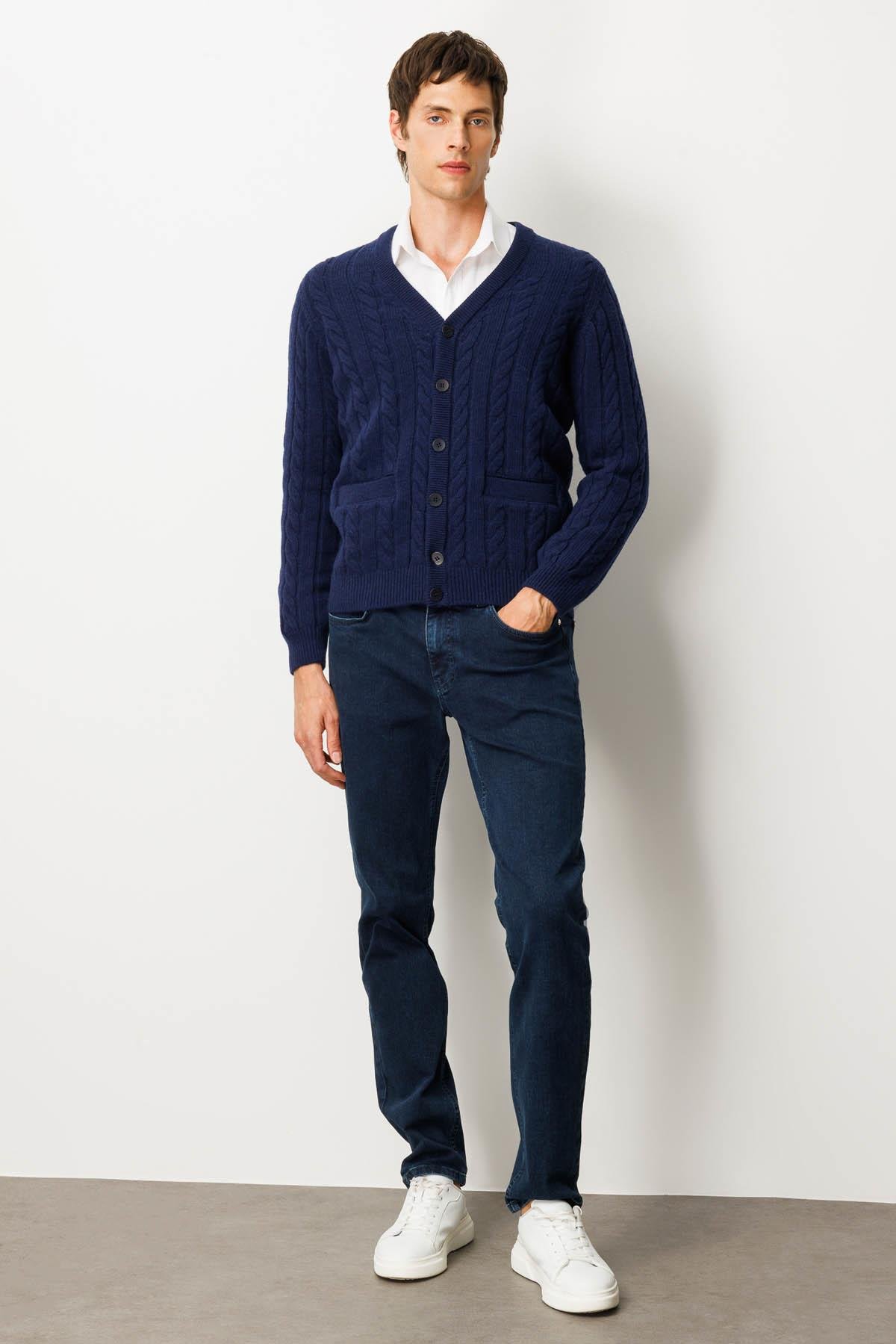 25520Erkek V Yaka Kalın Saç Örgülü Yün Ceket Y.A.Lacivert