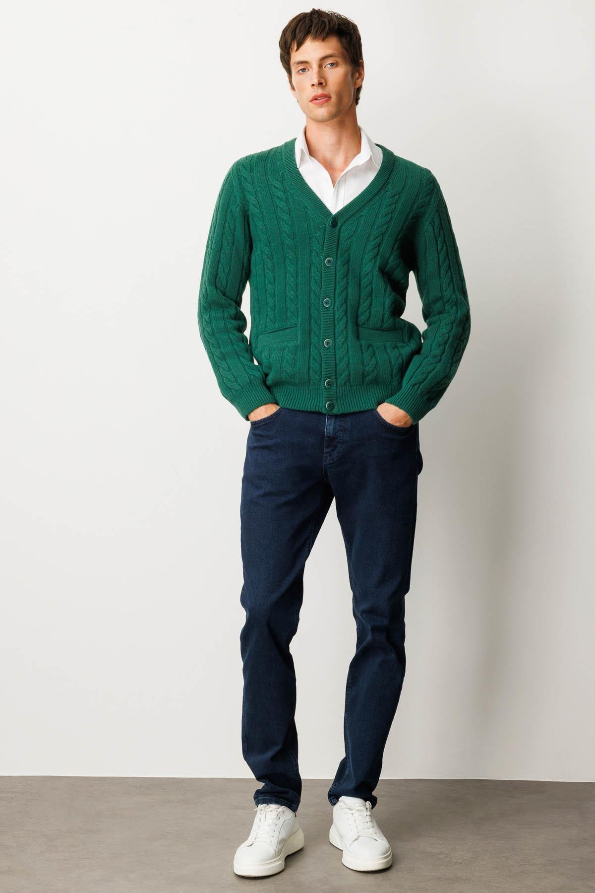 25520Erkek V Yaka Kalın Saç Örgülü Yün Ceket Ö.Başı