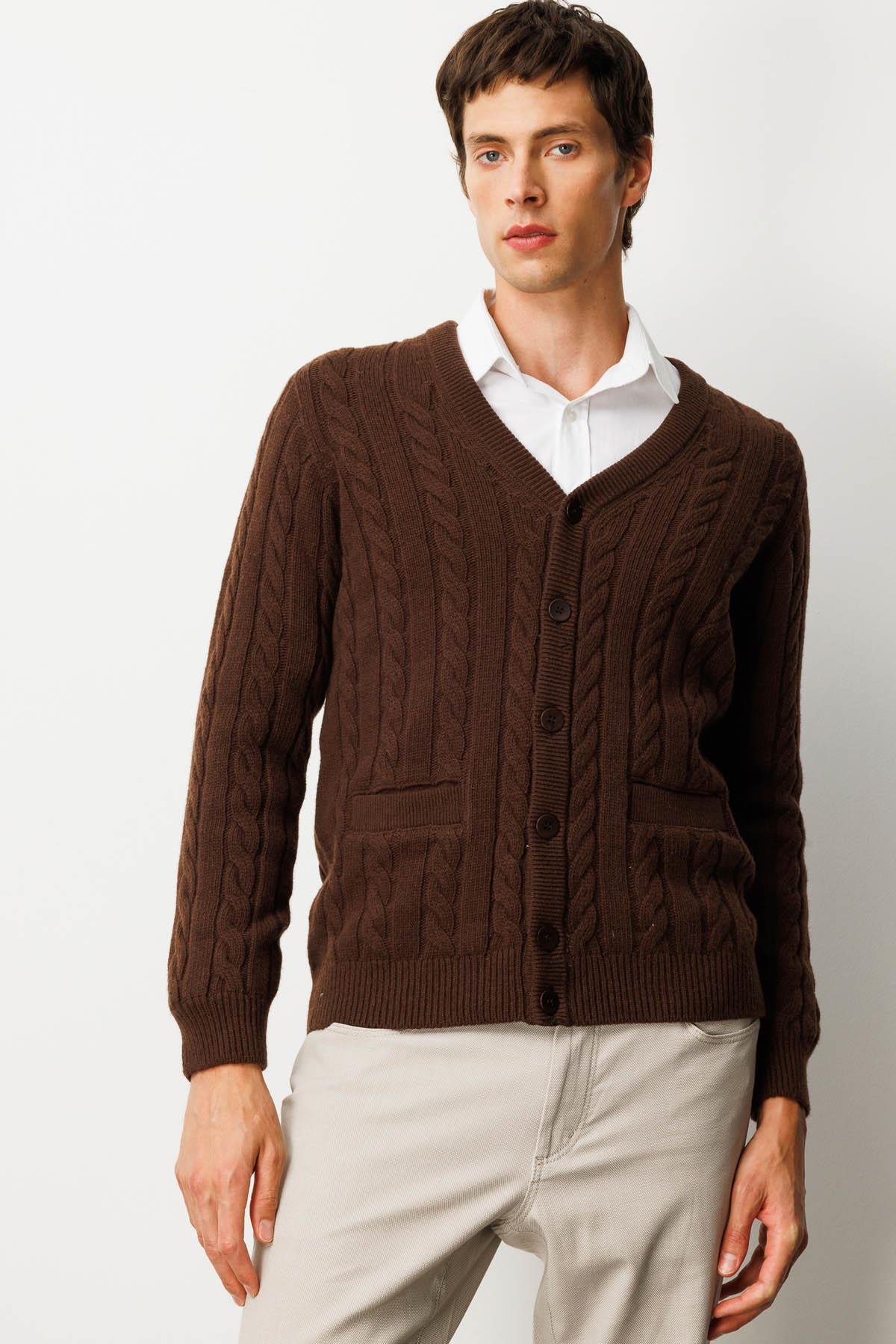 25520Erkek V Yaka Kalın Saç Örgülü Yün Ceket M.Kahve