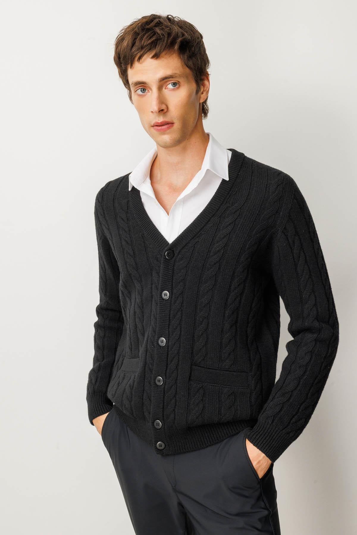 25520Erkek V Yaka Kalın Saç Örgülü Yün Ceket Siyah