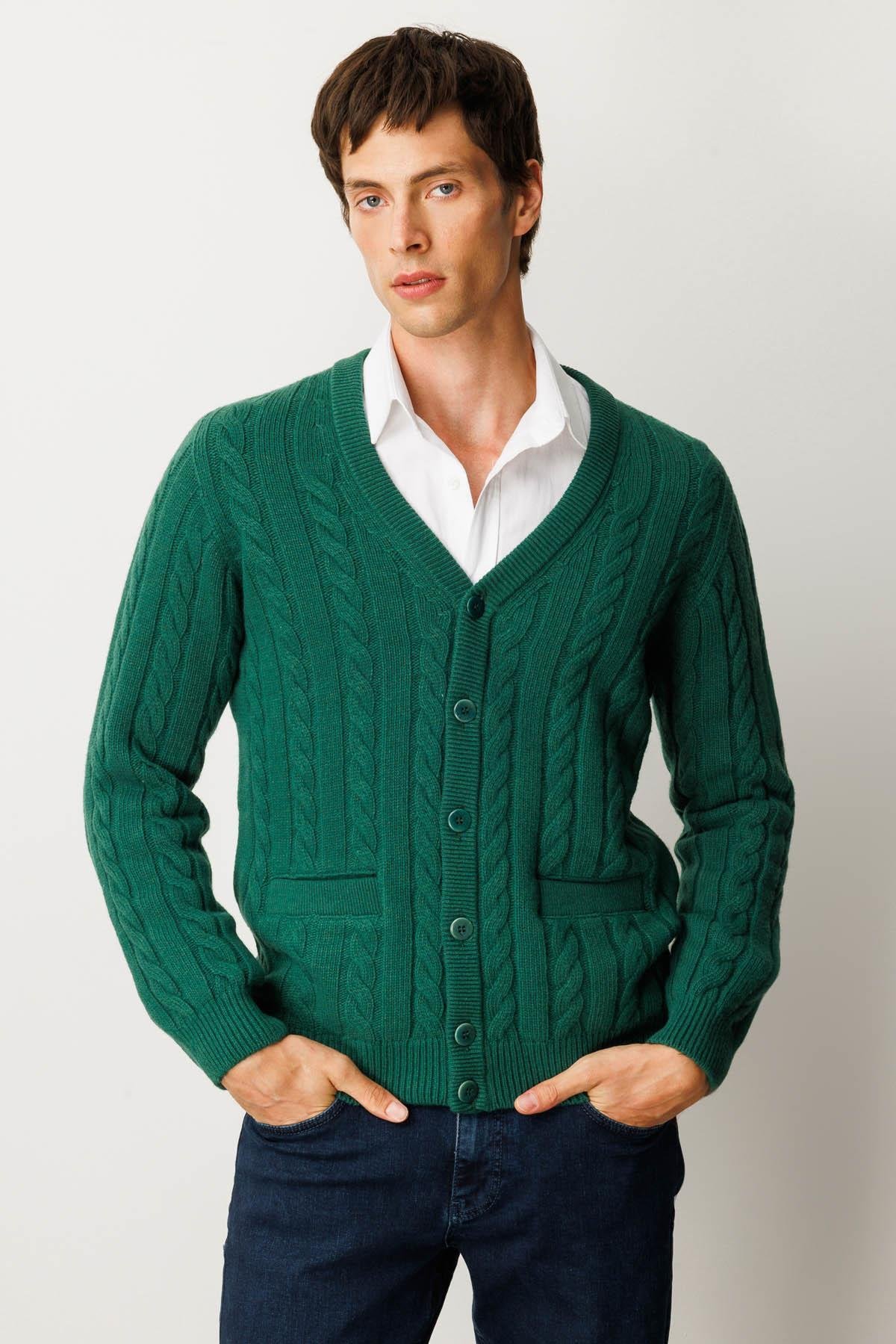 25520Erkek V Yaka Kalın Saç Örgülü Yün Ceket Ö.Başı