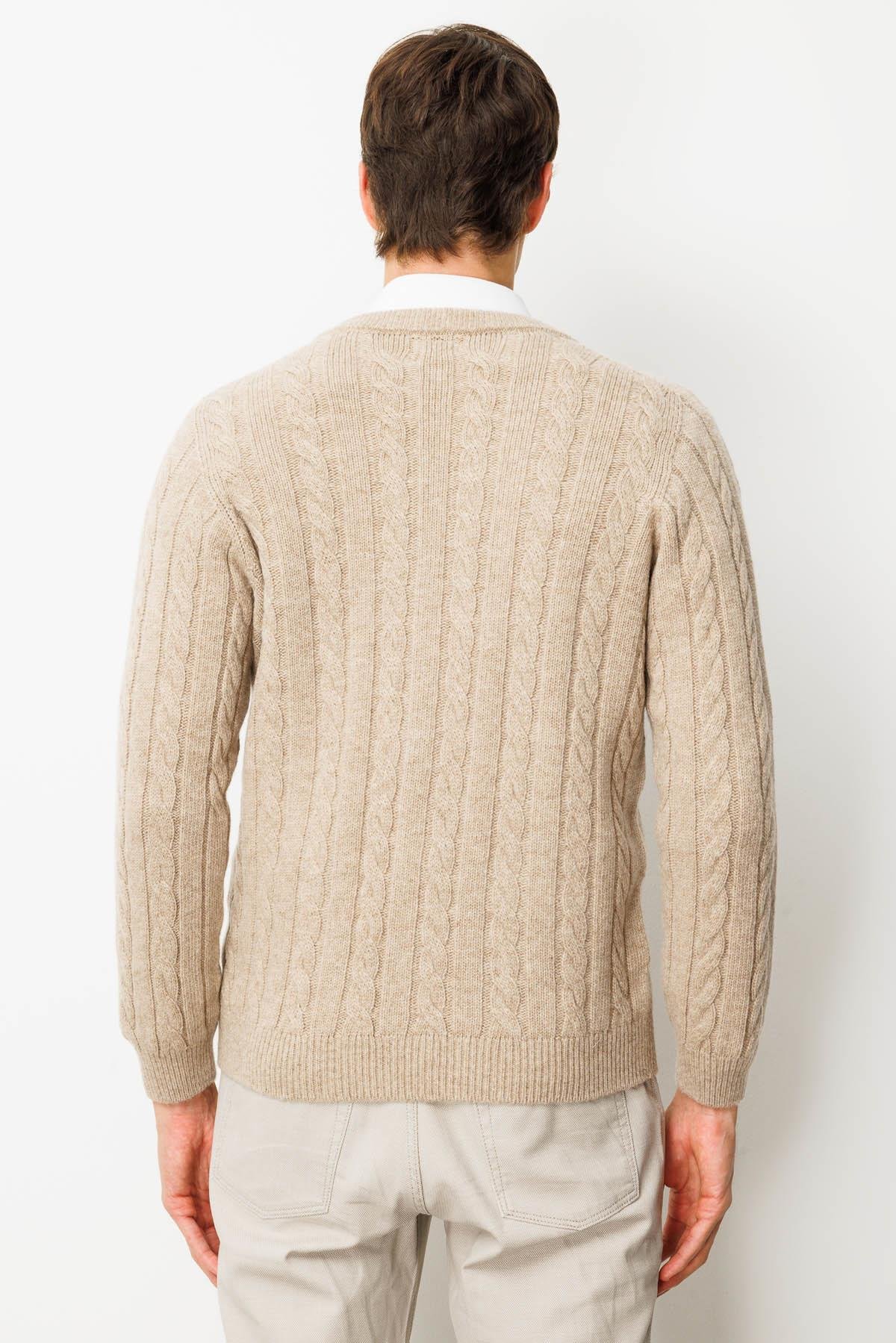 25520Erkek V Yaka Kalın Saç Örgülü Yün Ceket K.Bej