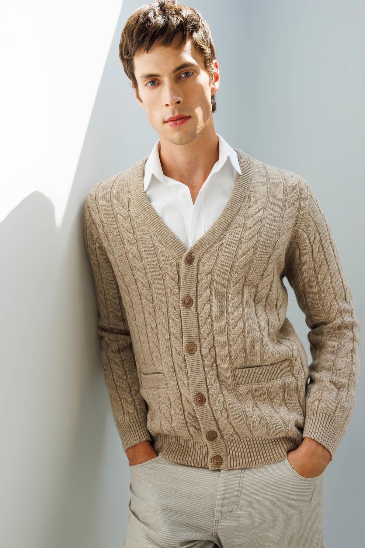 25520Erkek V Yaka Kalın Saç Örgülü Yün Ceket K.Bej