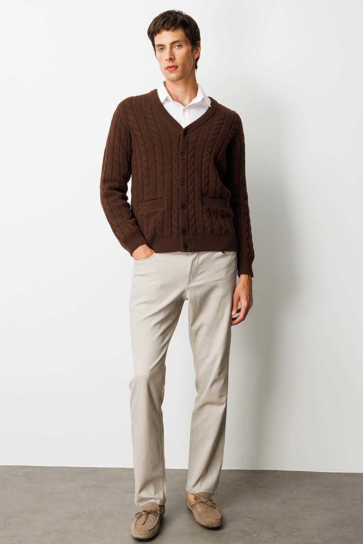 25520Erkek V Yaka Kalın Saç Örgülü Yün Ceket M.Kahve