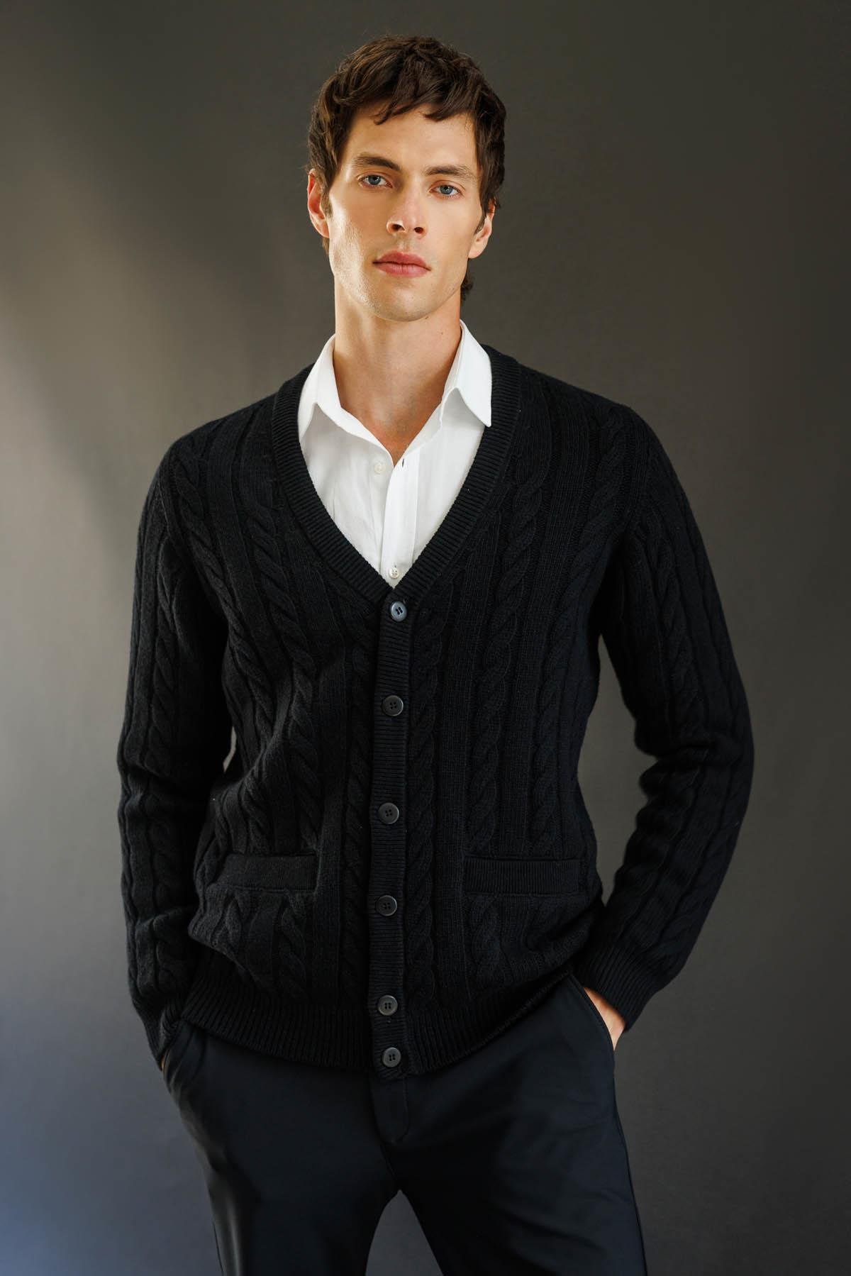 25520Erkek V Yaka Kalın Saç Örgülü Yün Ceket Siyah