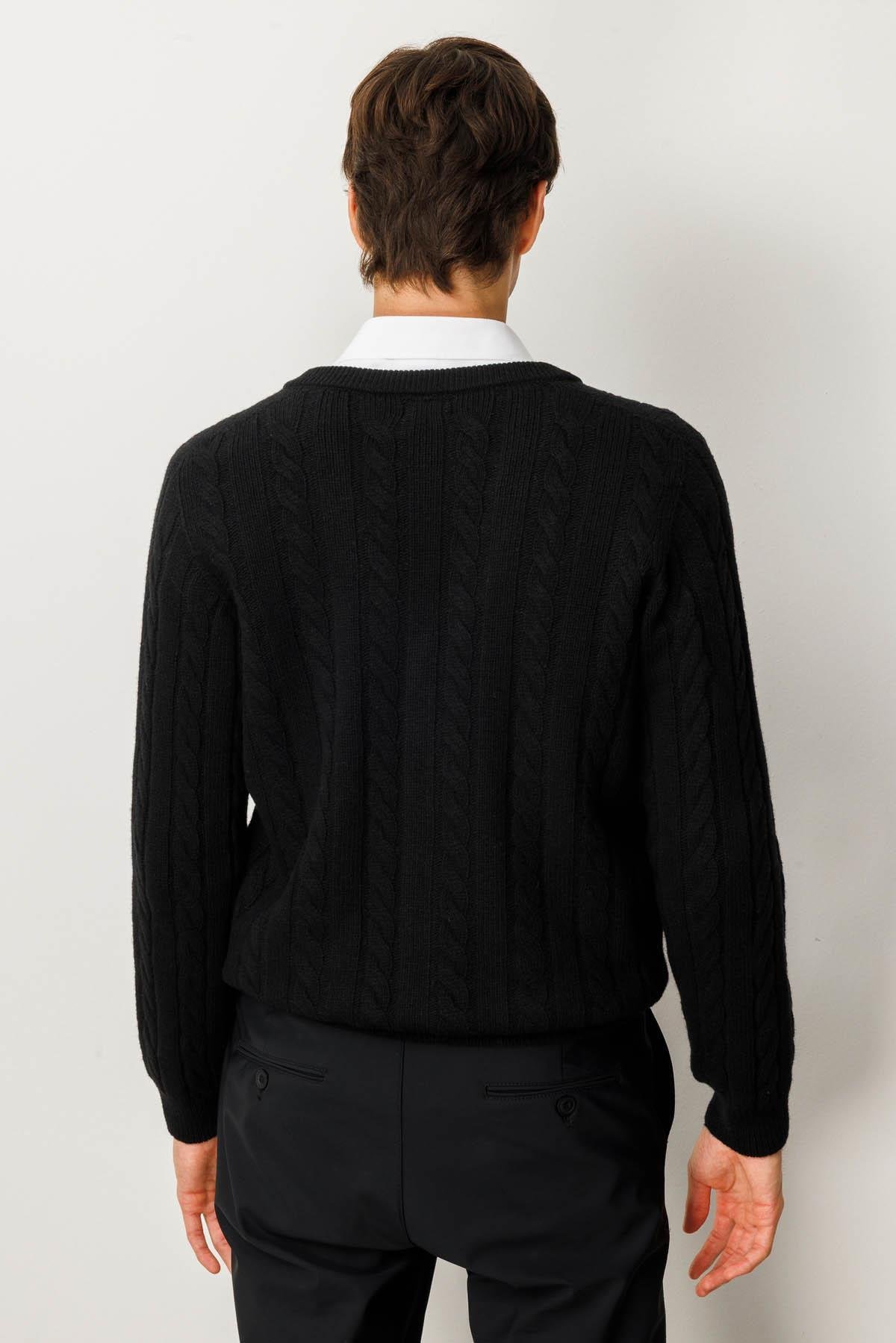 25520Erkek V Yaka Kalın Saç Örgülü Yün Ceket Siyah