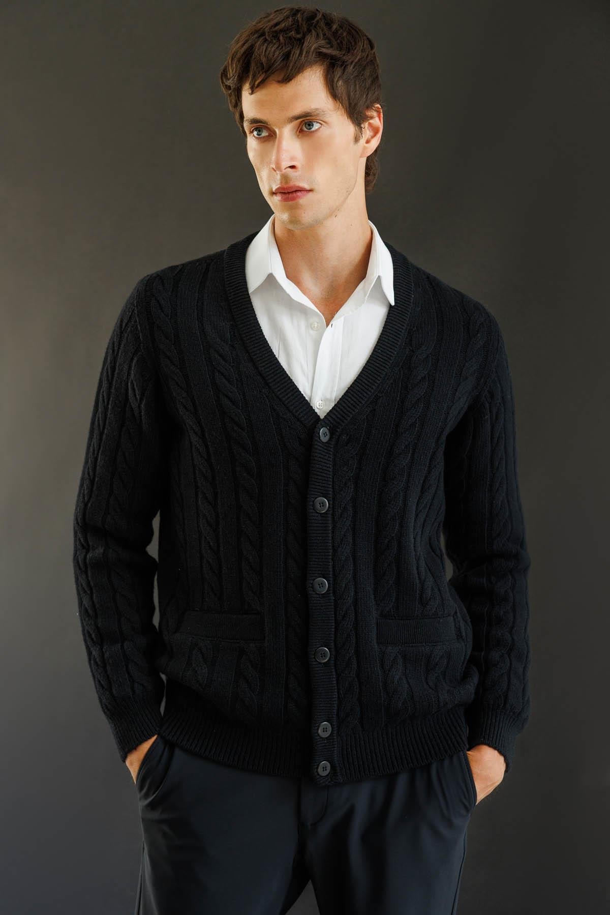 25520Erkek V Yaka Kalın Saç Örgülü Yün Ceket Siyah