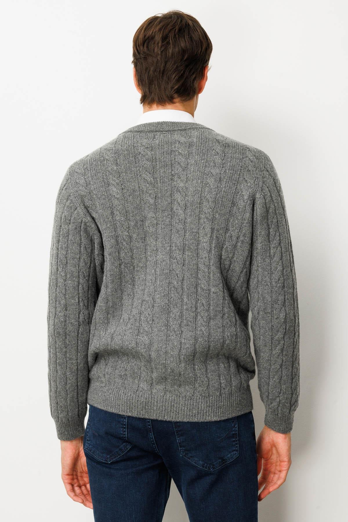 25520Erkek V Yaka Kalın Saç Örgülü Yün Ceket Füme