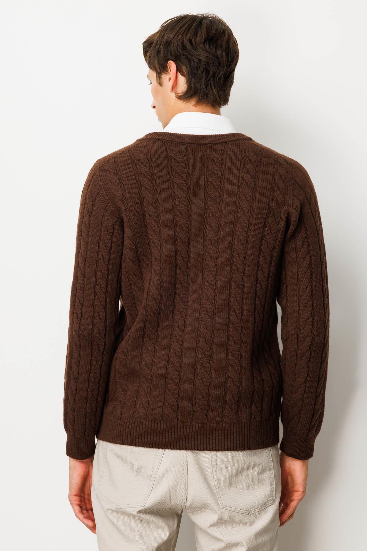 25520Erkek V Yaka Kalın Saç Örgülü Yün Ceket M.Kahve