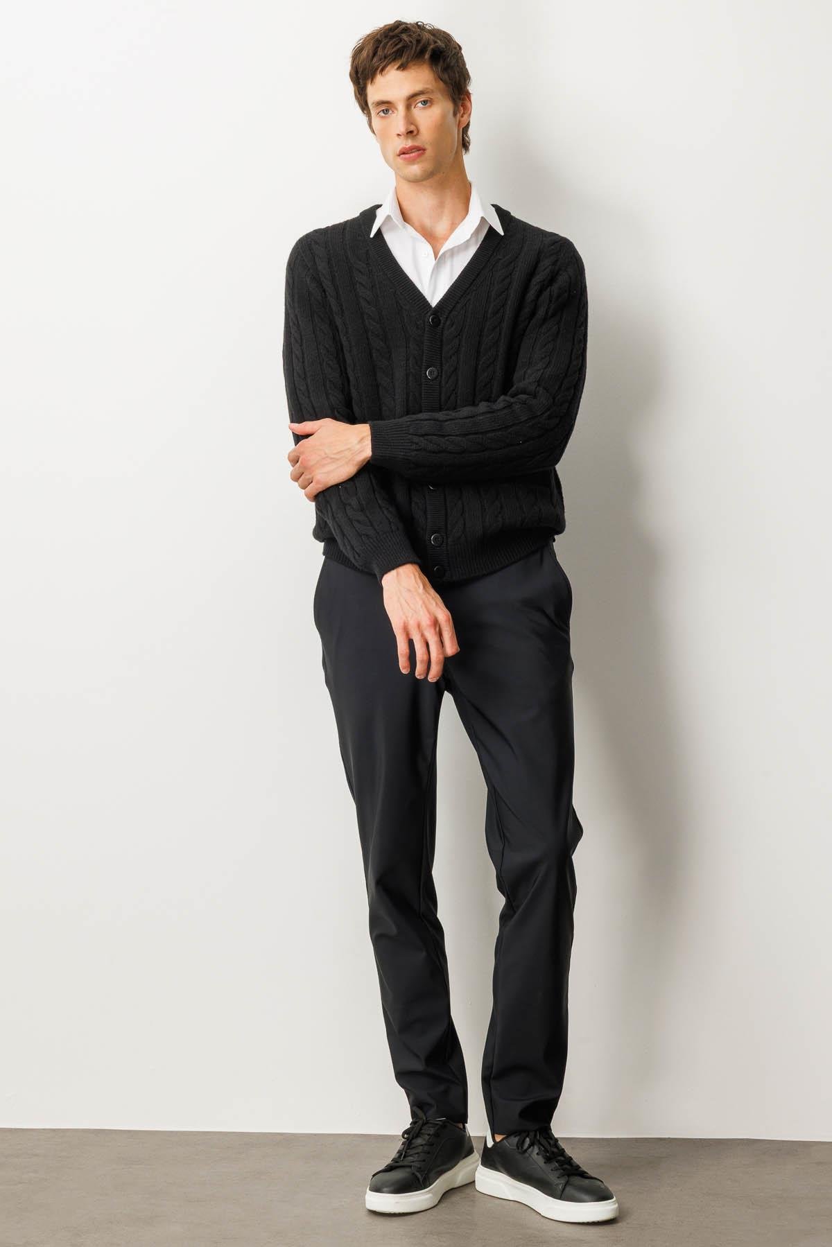 25520Erkek V Yaka Kalın Saç Örgülü Yün Ceket Siyah