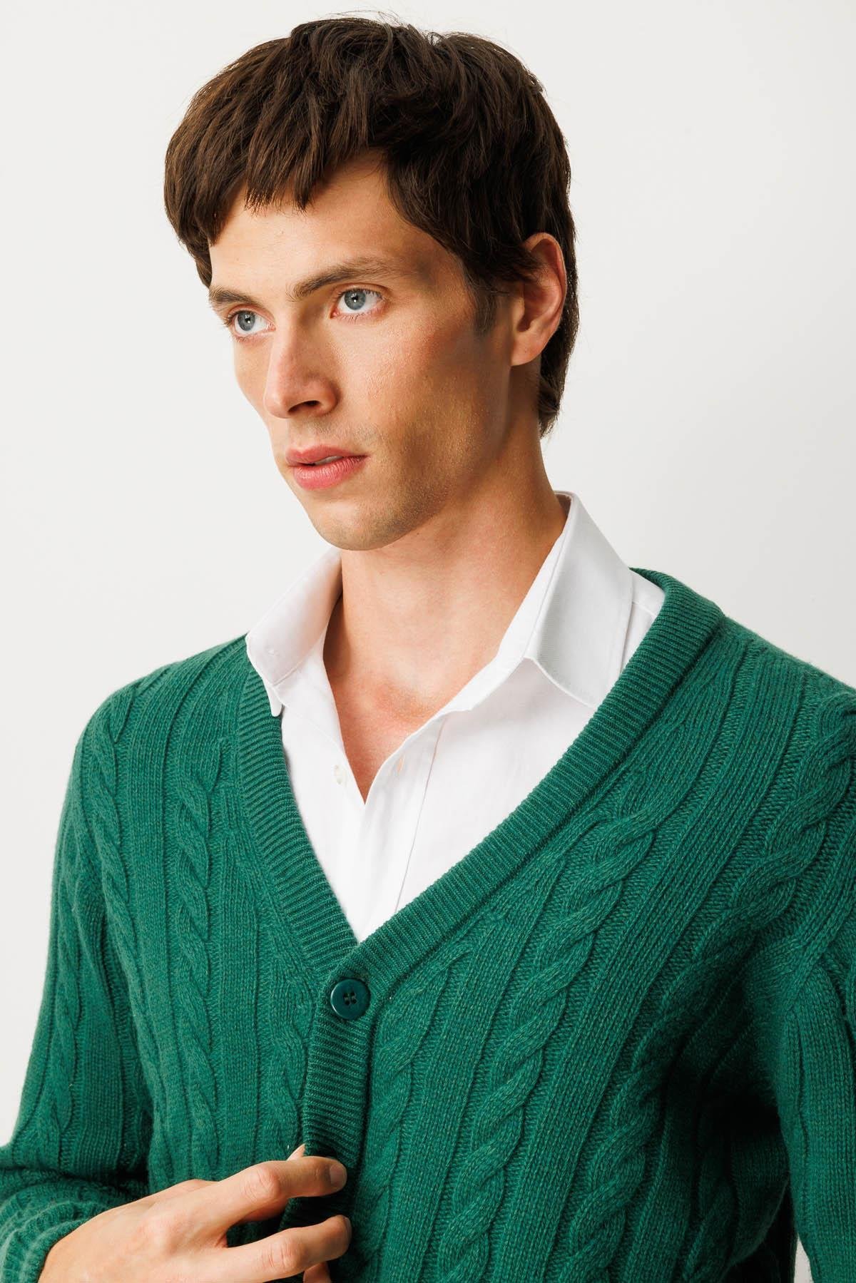 25520Erkek V Yaka Kalın Saç Örgülü Yün Ceket Ö.Başı