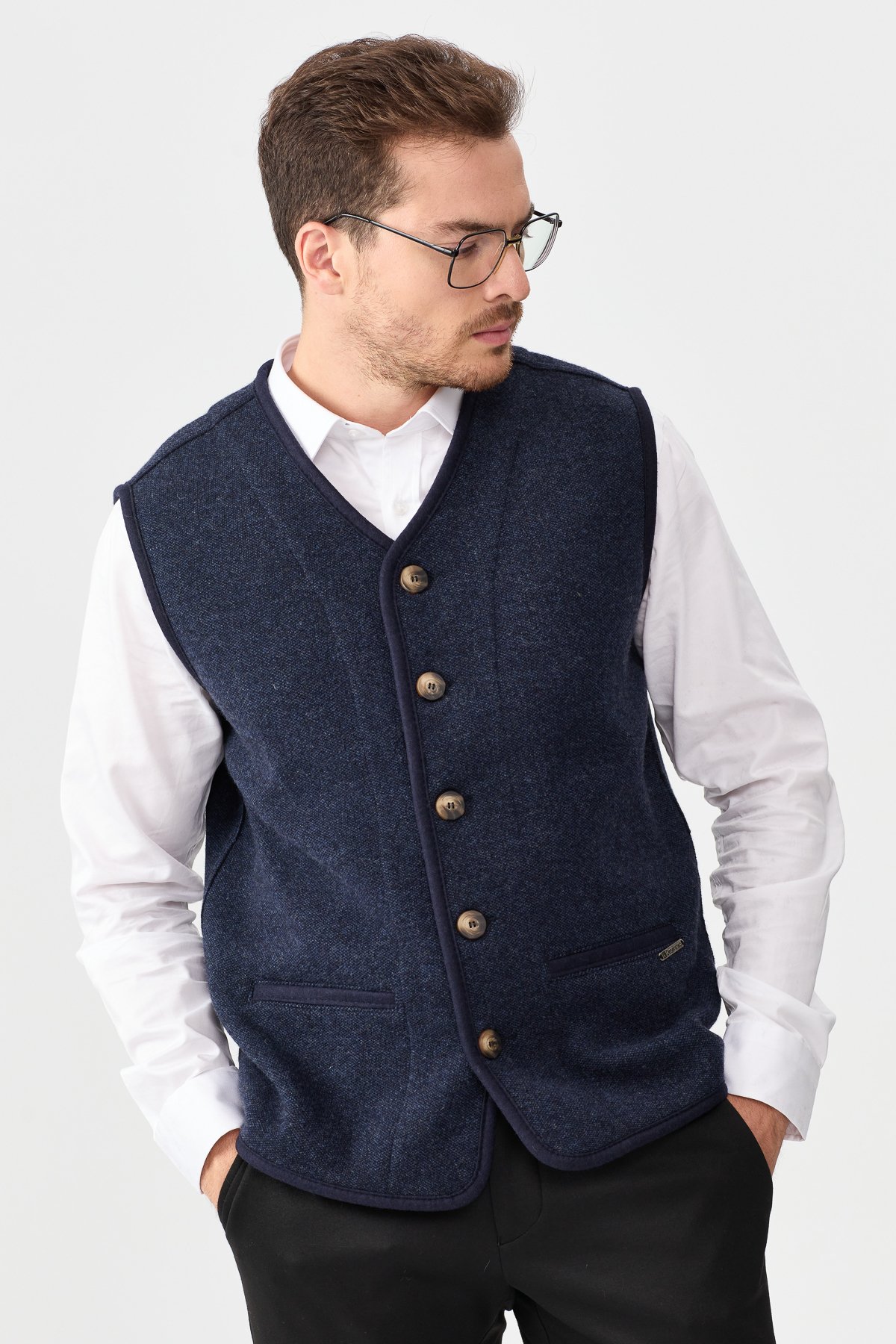 22569Erkek V Yaka Keçe Aksesuarlı Pike Dokuma Yün Yelek K.Lacivert