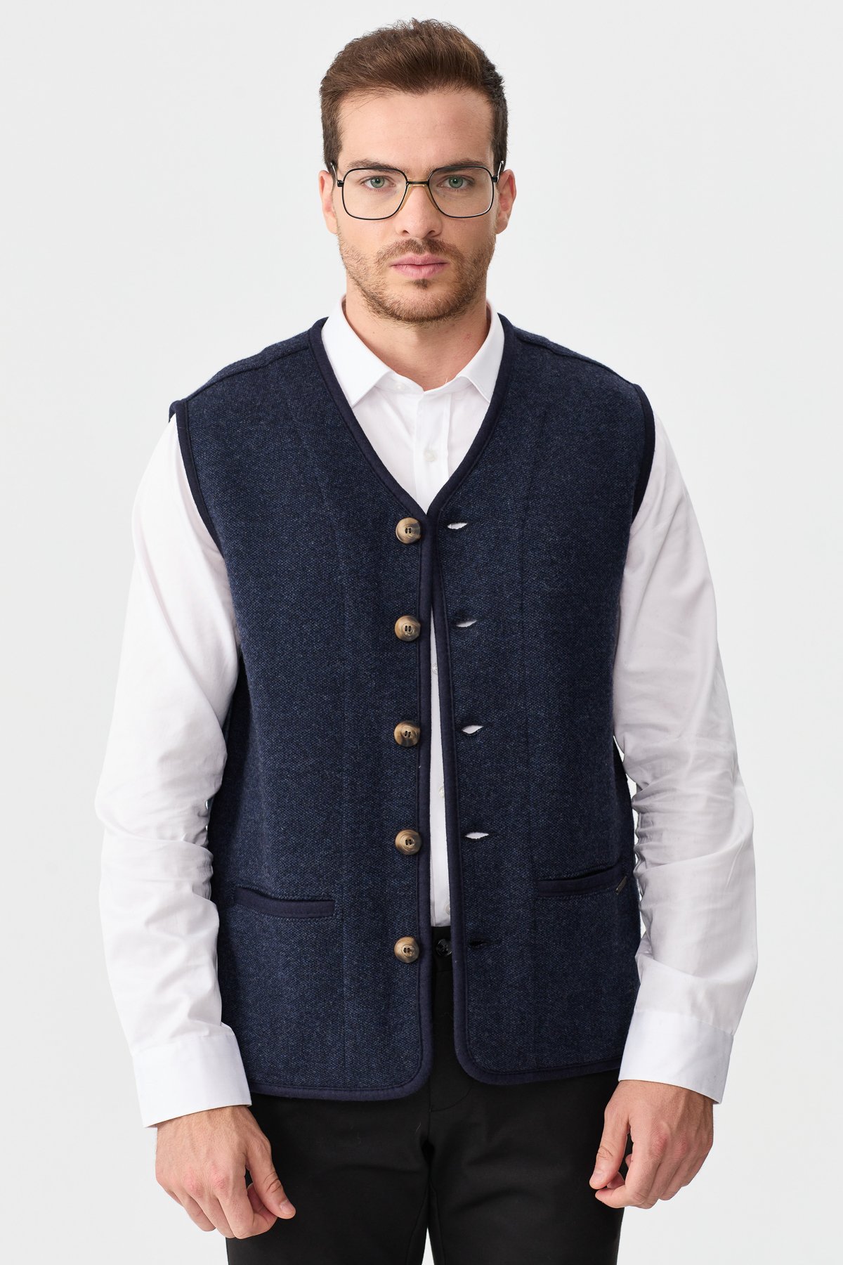 22569Erkek V Yaka Keçe Aksesuarlı Pike Dokuma Yün Yelek K.Lacivert