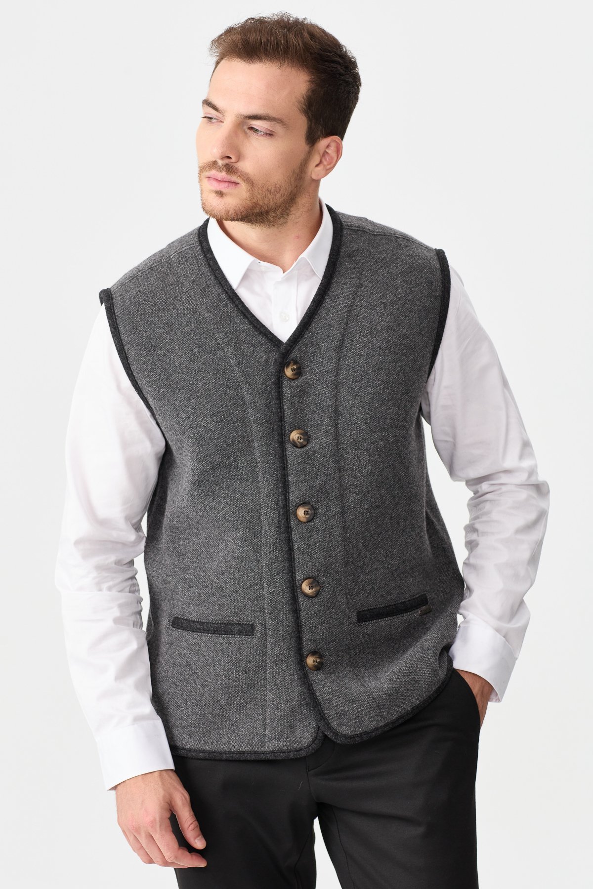 22569Erkek V Yaka Keçe Aksesuarlı Pike Dokuma Yün Yelek Füme