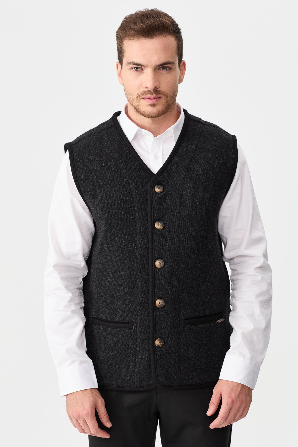 22569Erkek V Yaka Keçe Aksesuarlı Pike Dokuma Yün Yelek Siyah