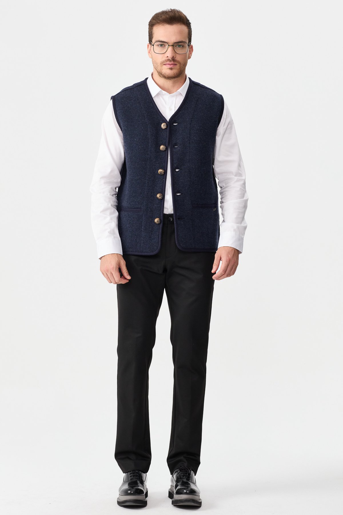 22569Erkek V Yaka Keçe Aksesuarlı Pike Dokuma Yün Yelek K.Lacivert