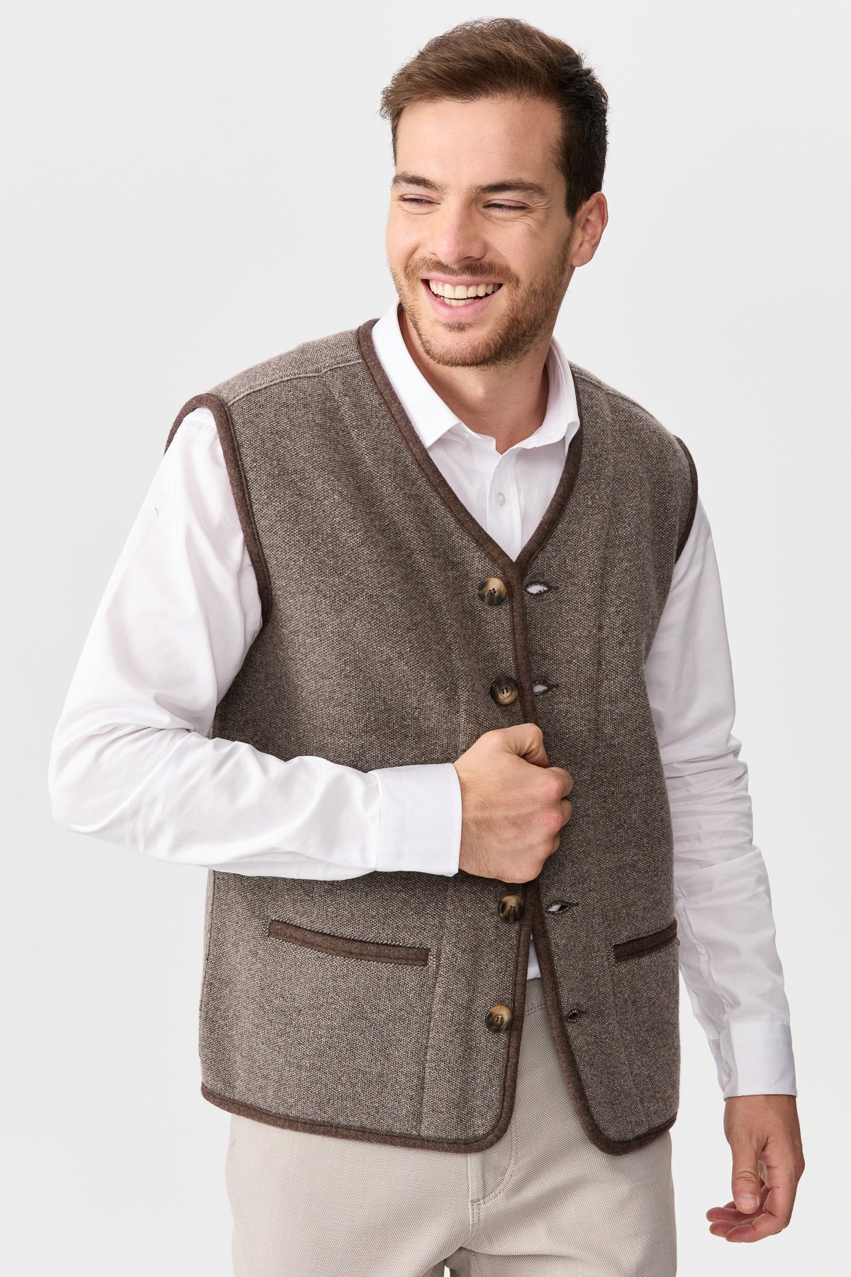 22569Erkek V Yaka Keçe Aksesuarlı Pike Dokuma Yün Yelek Vizon