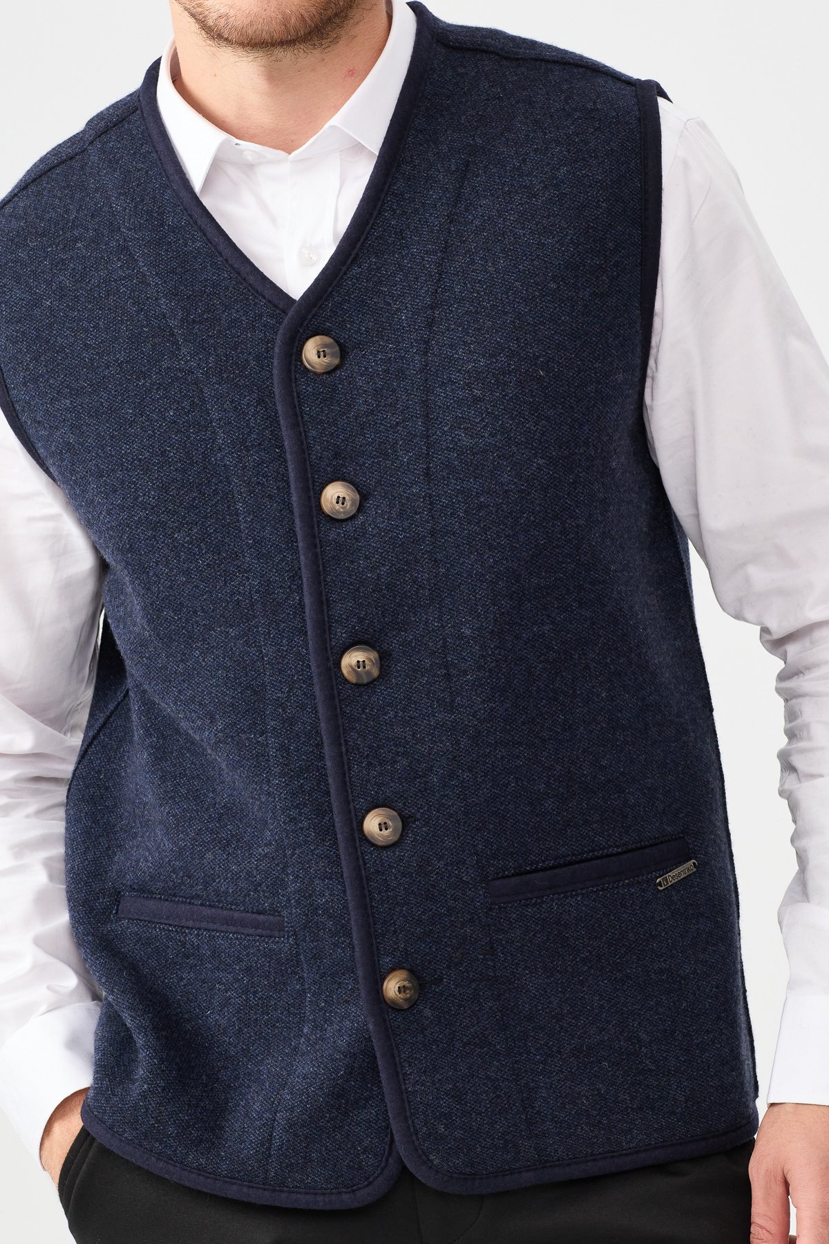 22569Erkek V Yaka Keçe Aksesuarlı Pike Dokuma Yün Yelek K.Lacivert