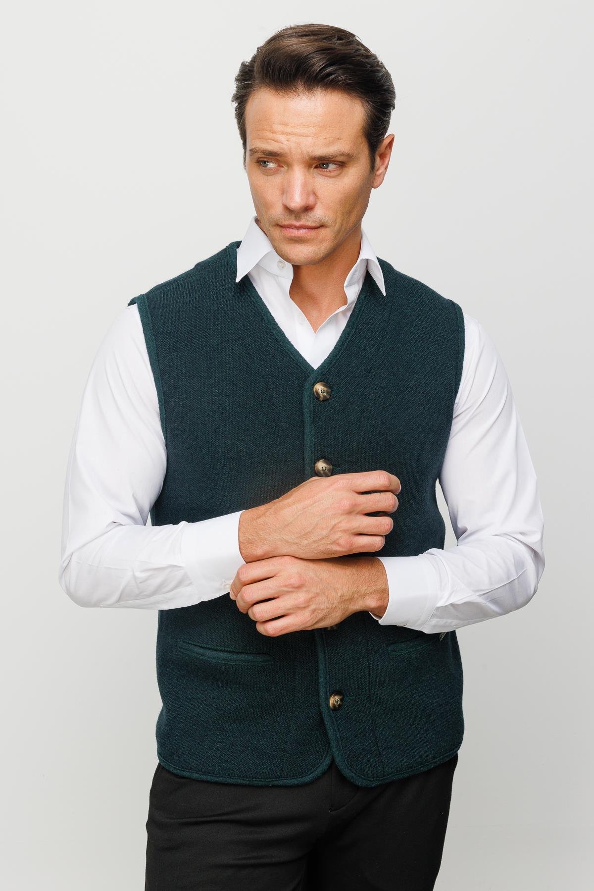 22569Men's V Neck Wool Vest with Felt Accessories Green