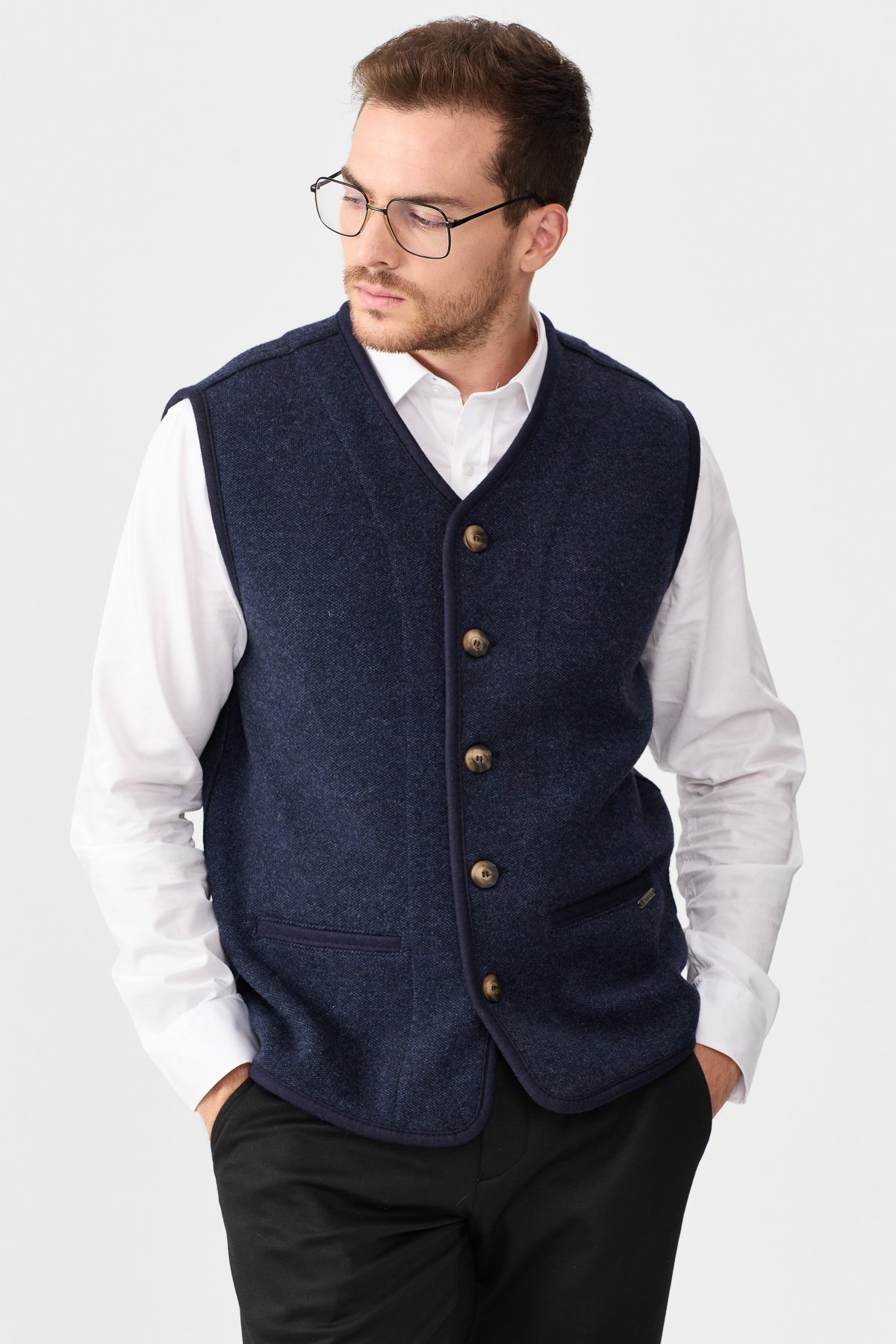 22569Erkek V Yaka Keçe Aksesuarlı Pike Dokuma Yün Yelek K.Lacivert