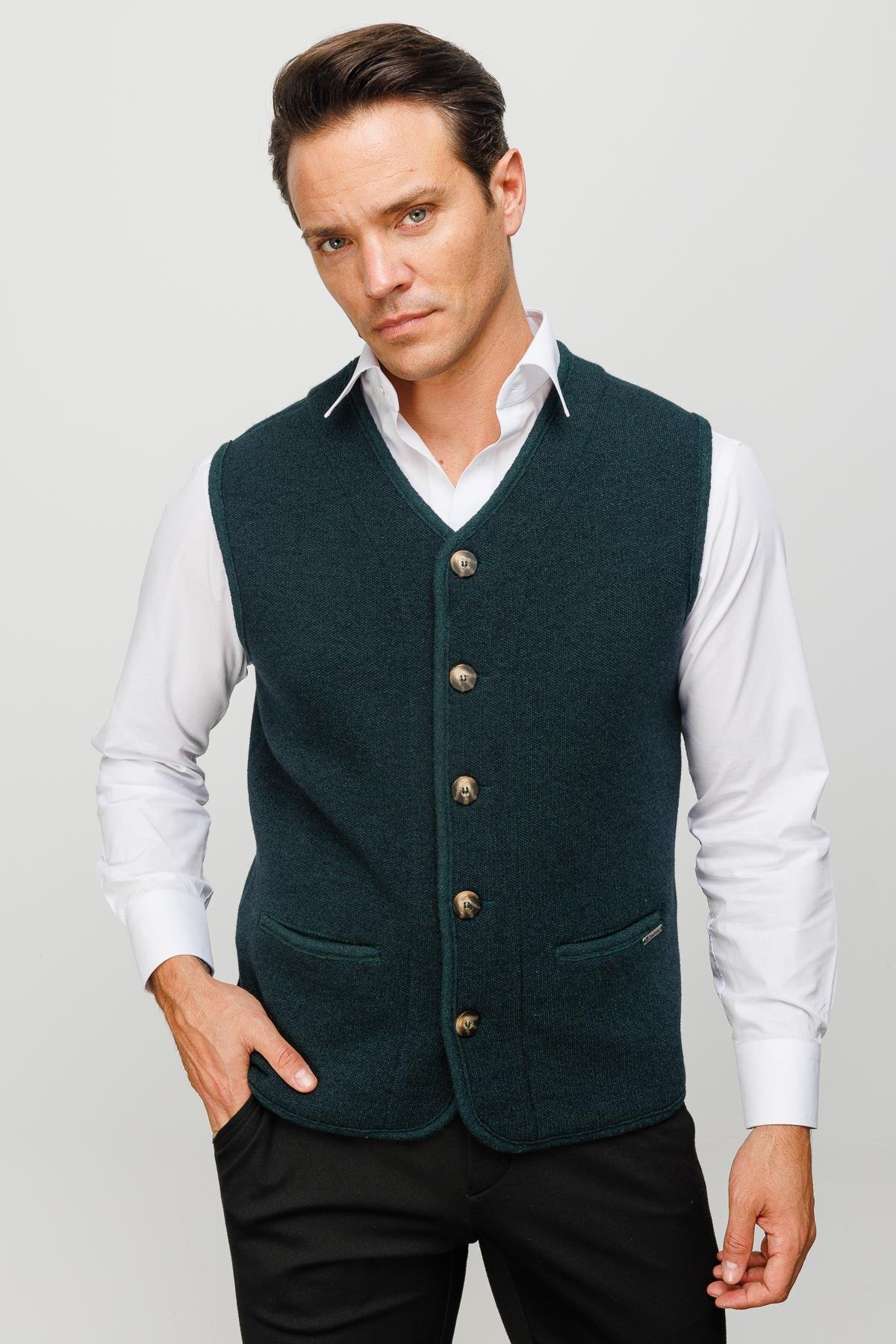 22569Men's V Neck Wool Vest with Felt Accessories Green