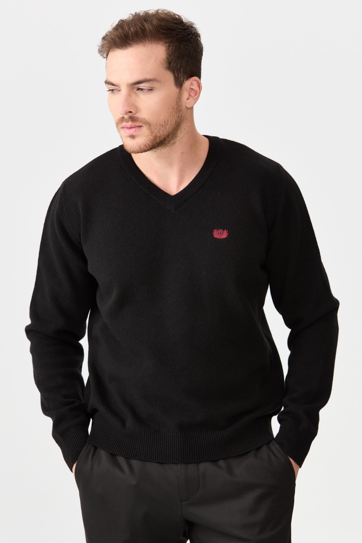 22582Erkek V Yaka Klasik Kazak Siyah