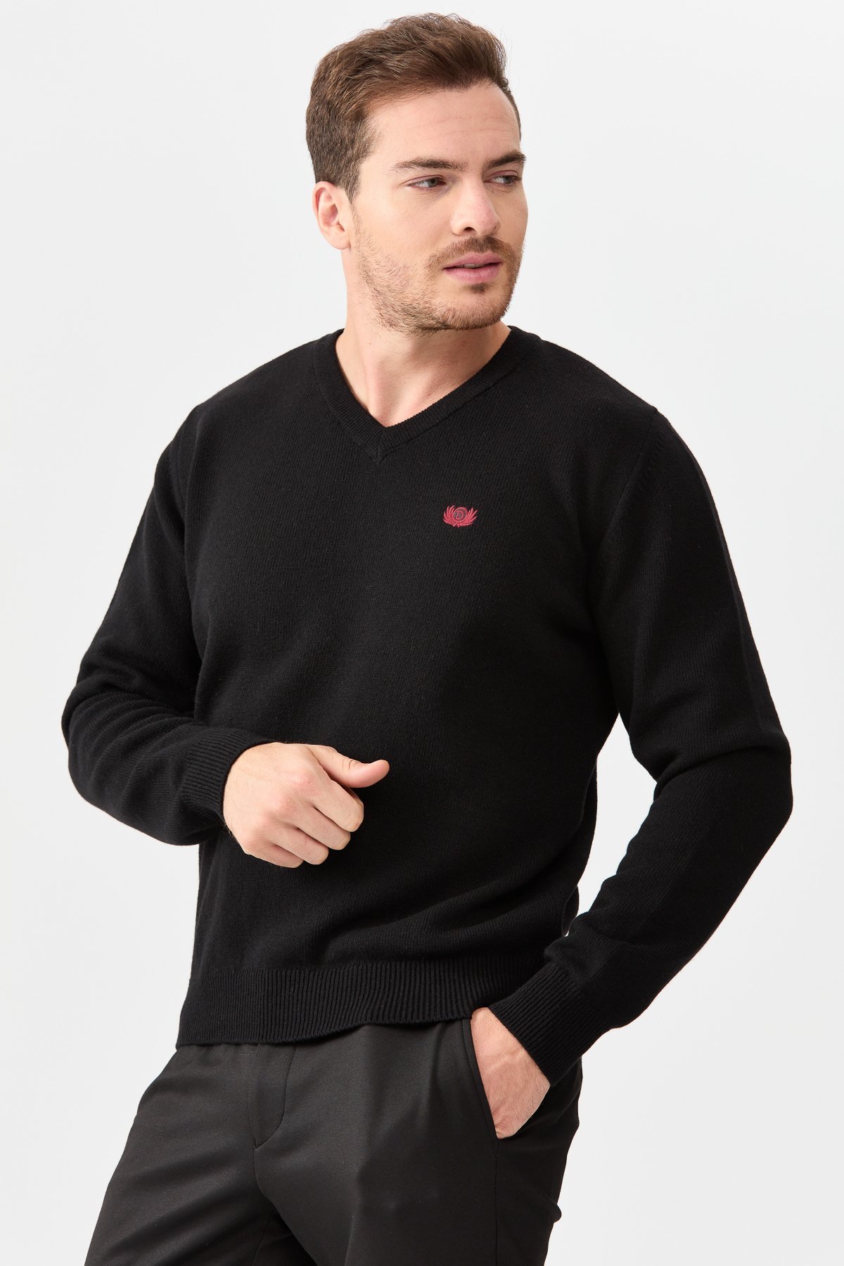 22582Erkek V Yaka Klasik Kazak Siyah