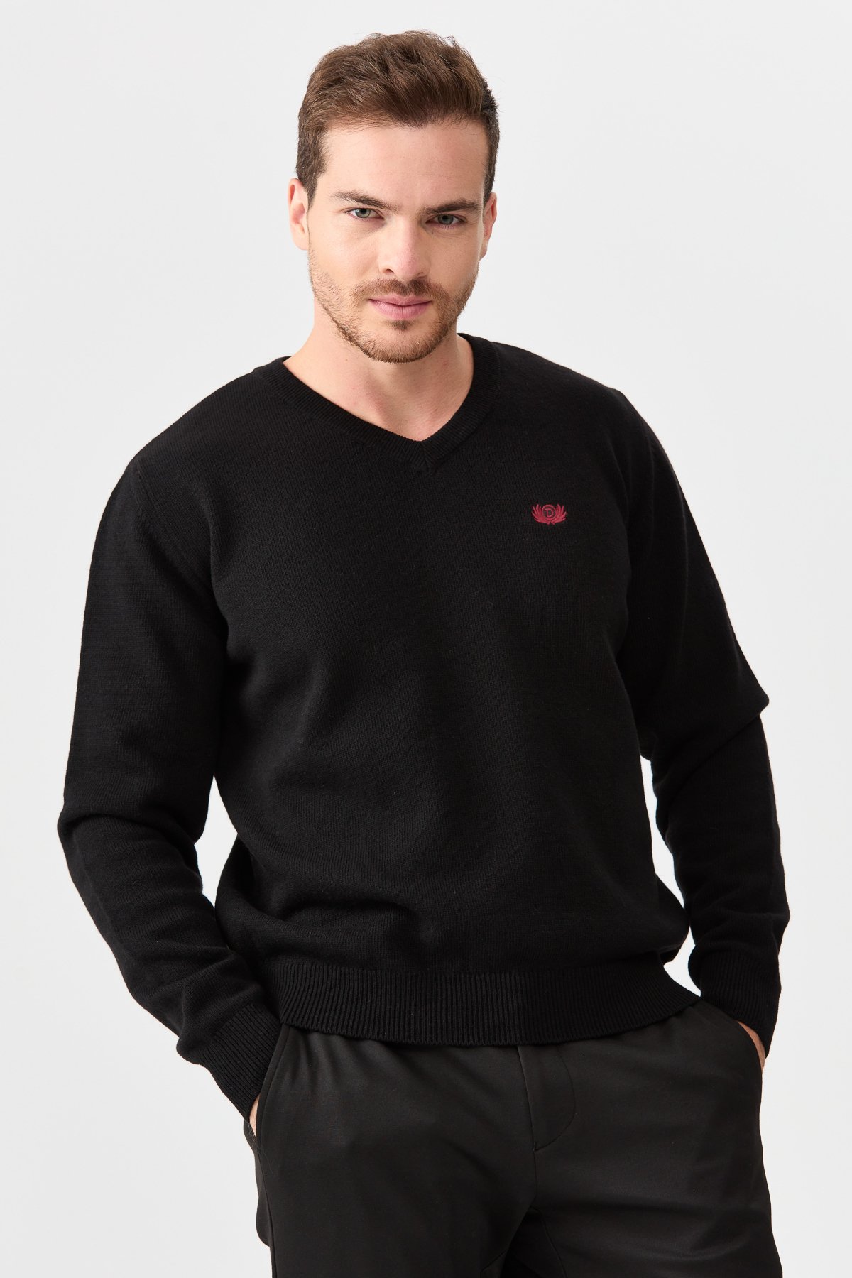 22582Erkek V Yaka Klasik Kazak Siyah