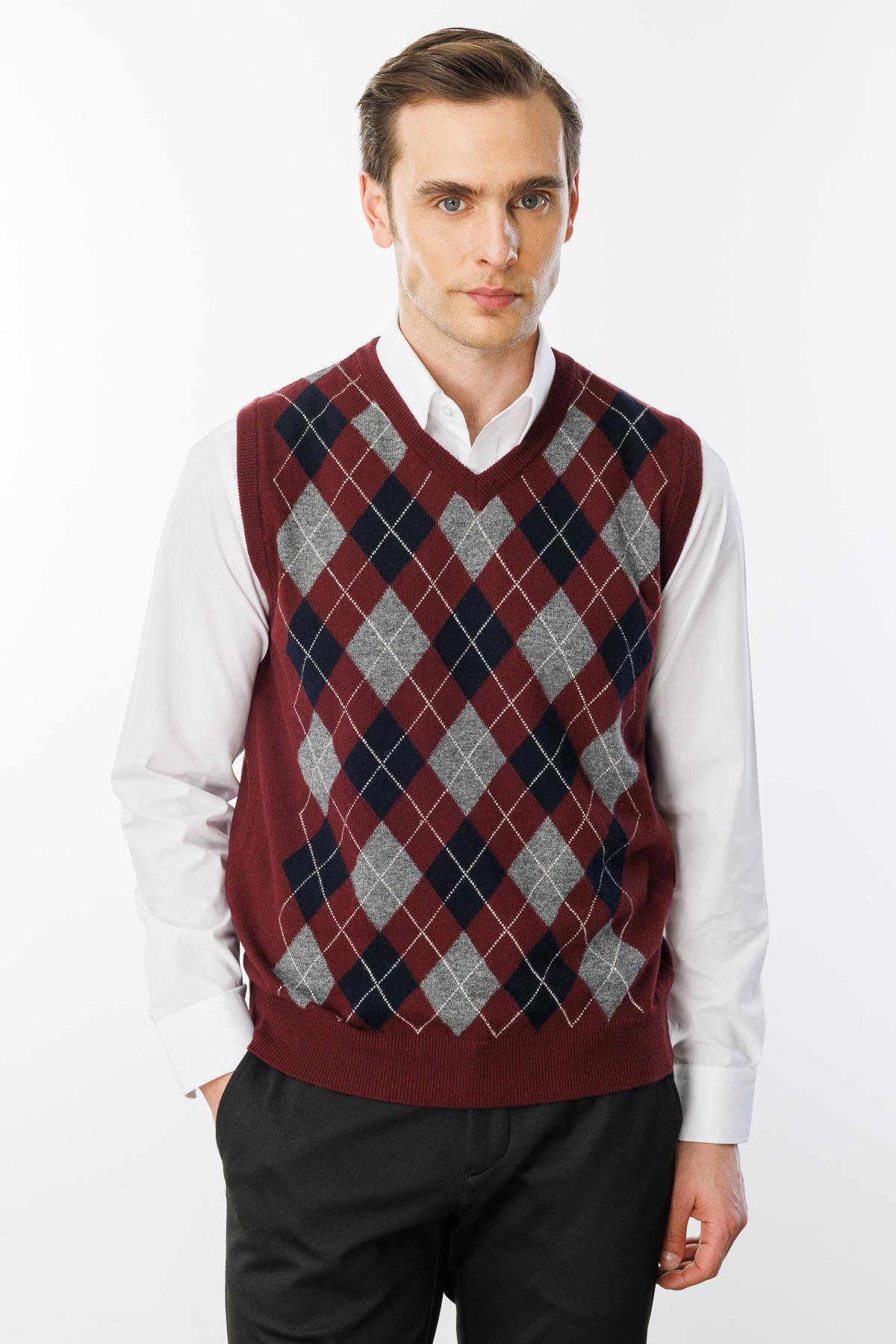 24510Erkek V Yaka Önü Baklava Desenli Yün Süveter Bordo