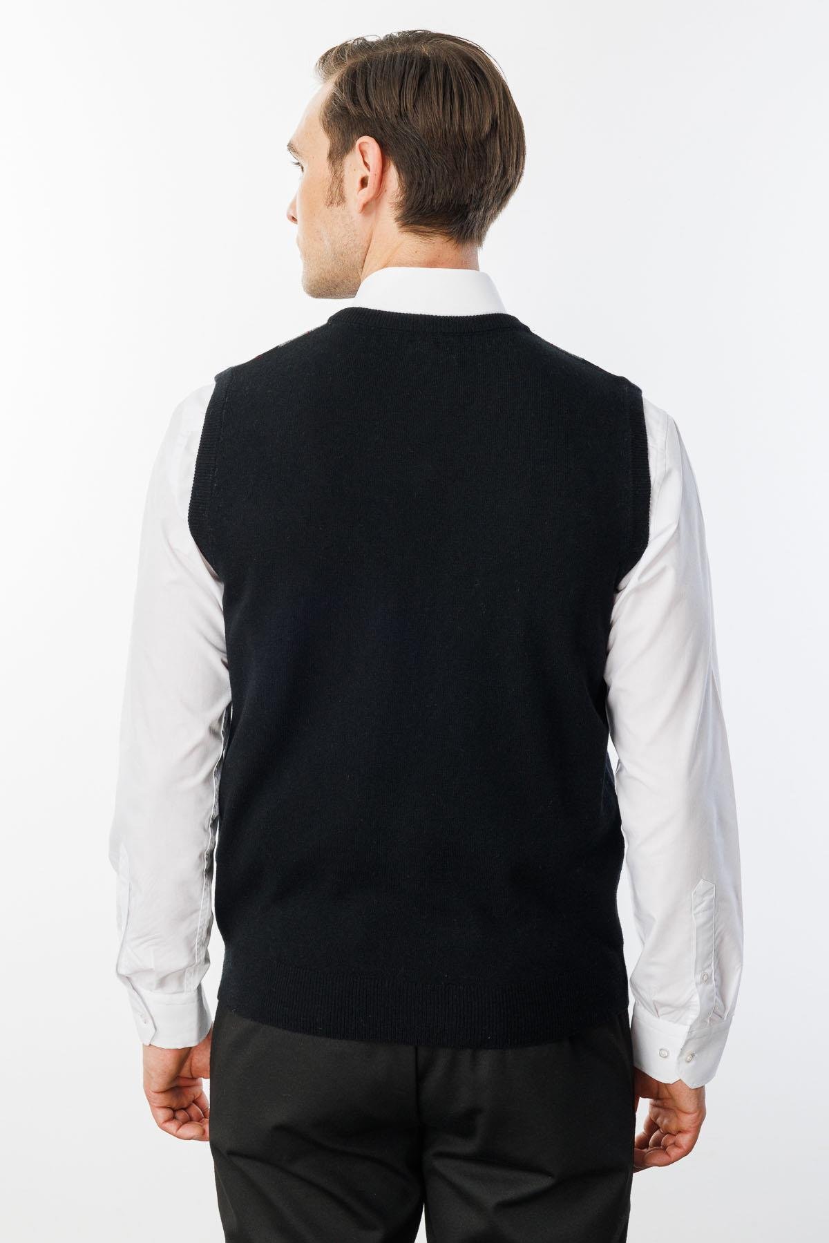 24510Erkek V Yaka Önü Baklava Desenli Yün Süveter Siyah