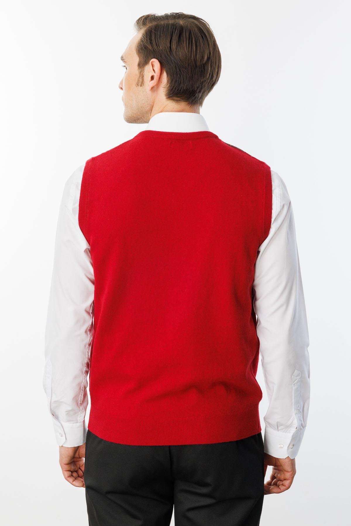 24510Erkek V Yaka Önü Baklava Desenli Yün Süveter K.Kırmızı