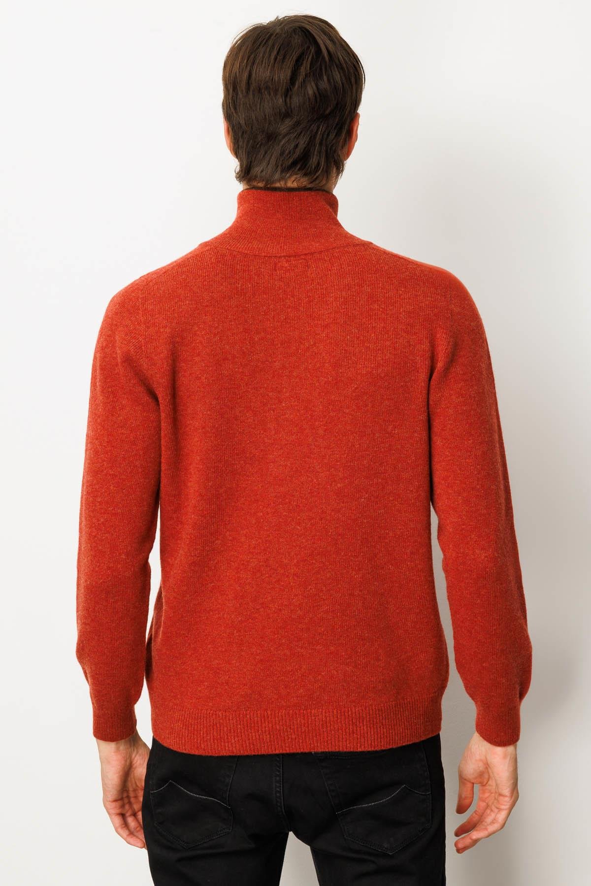 23529Erkek Yakası Fermuarlı Basic Yün Kazak Kiremit