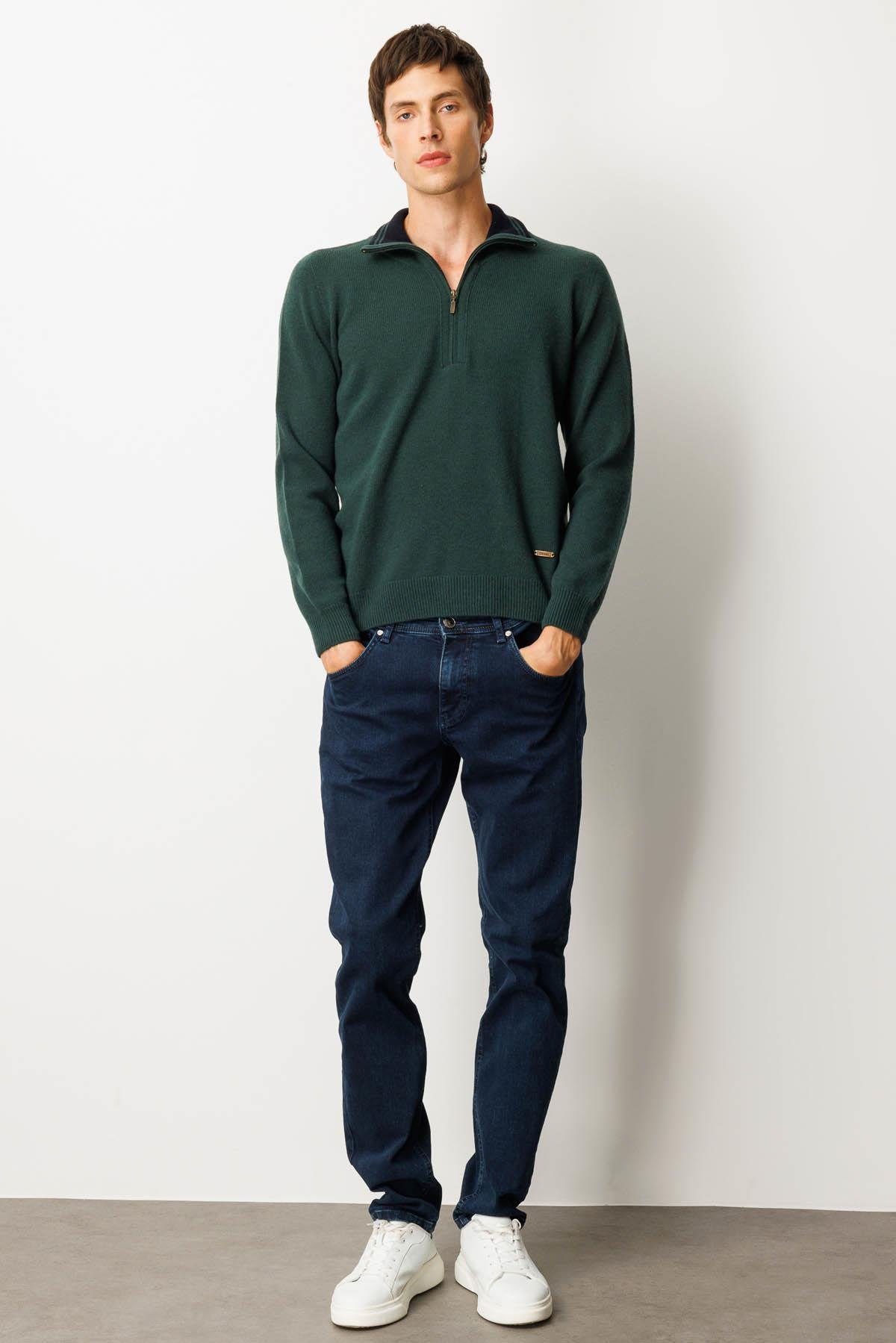 23529Erkek Yakası Fermuarlı Basic Yün Kazak Yeşil