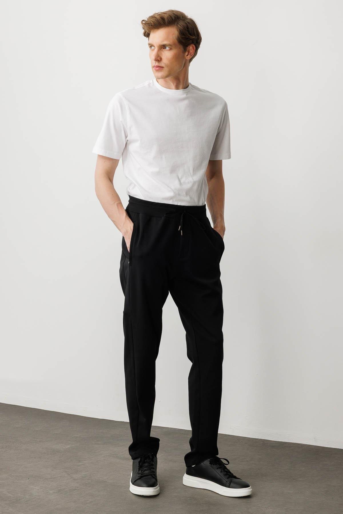 25448Erkek Yanı ve Cebi Kumaş Eşofman Altı Siyah