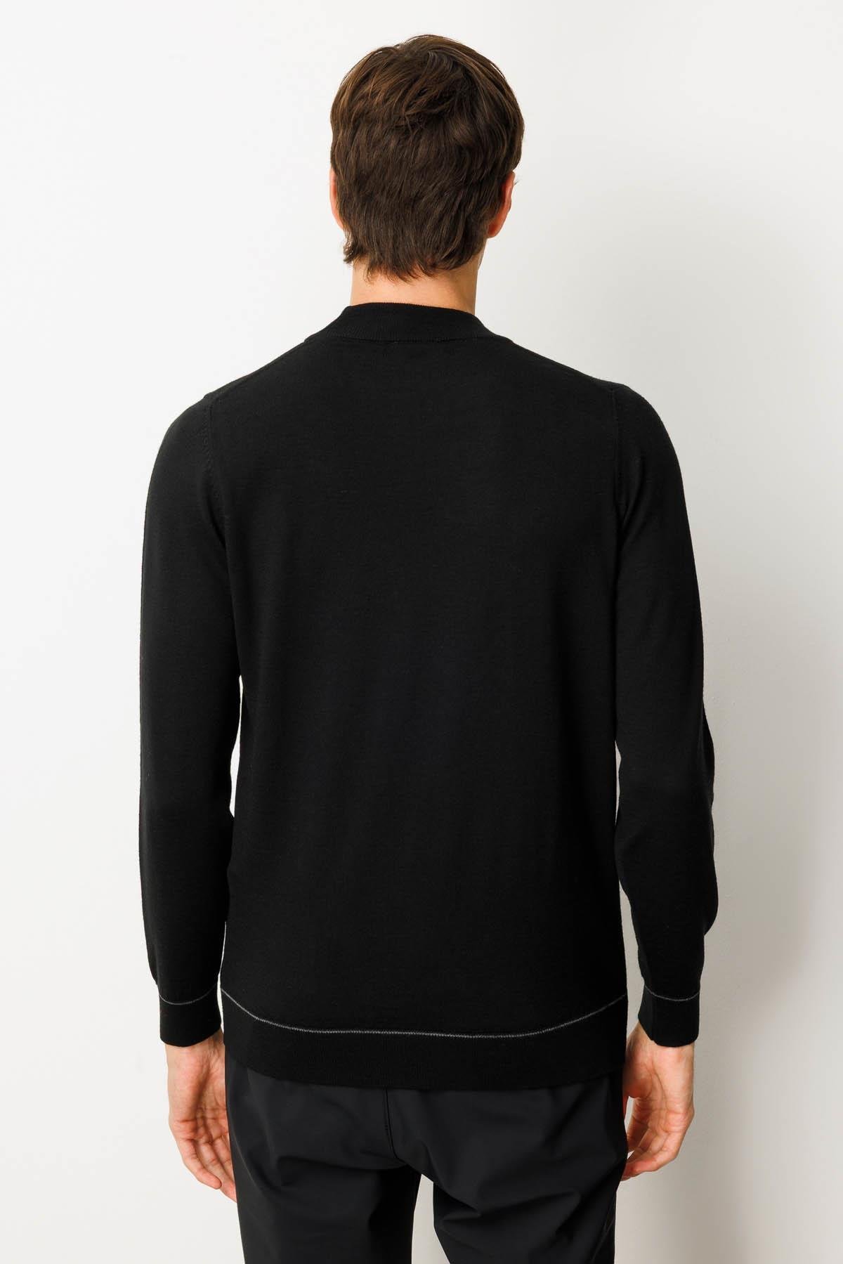 25605Erkek Yarım Balıkçı Yaka Çizgili Baklavalı Yün Kazak Siyah