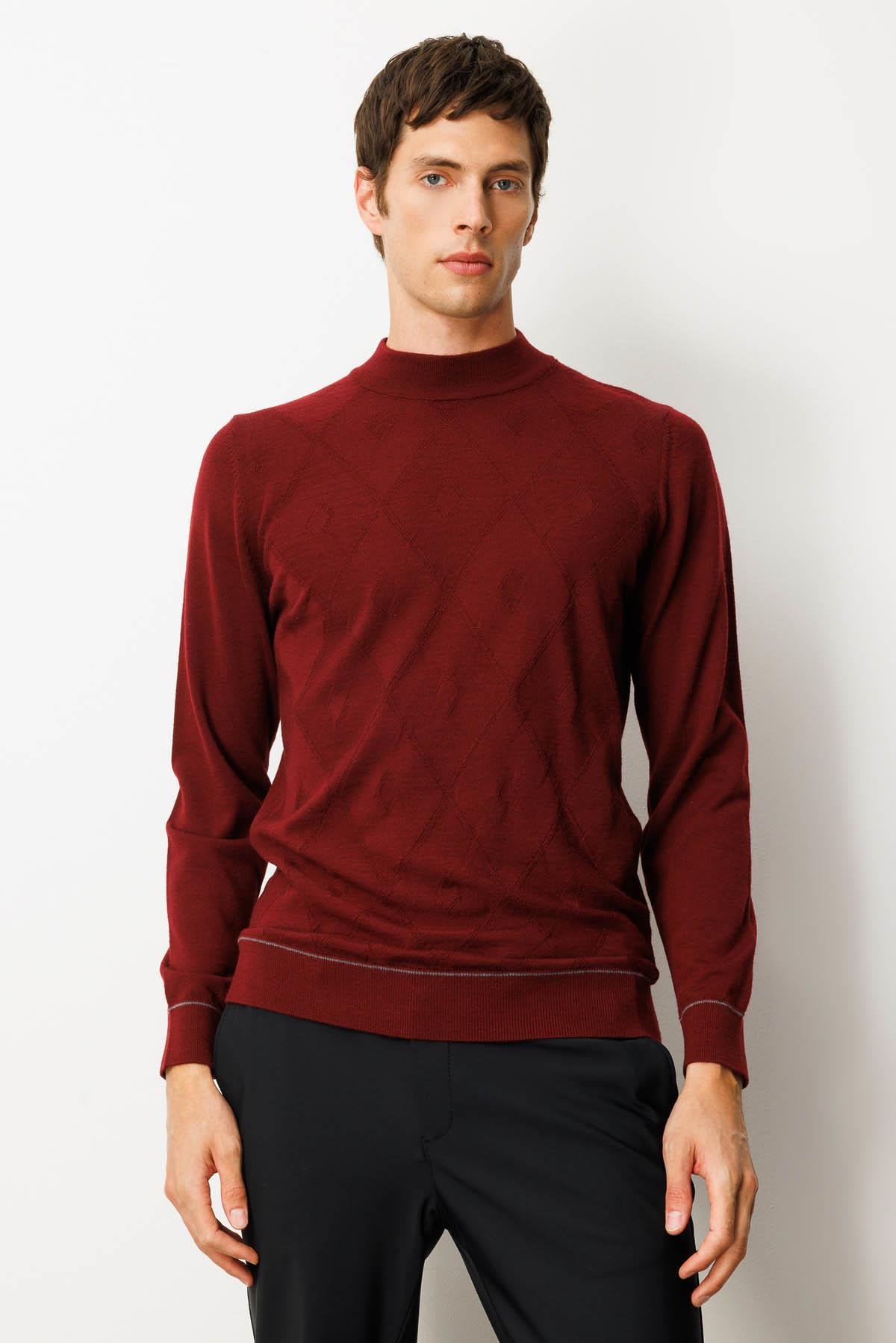 25605Erkek Yarım Balıkçı Yaka Çizgili Baklavalı Yün Kazak Bordo