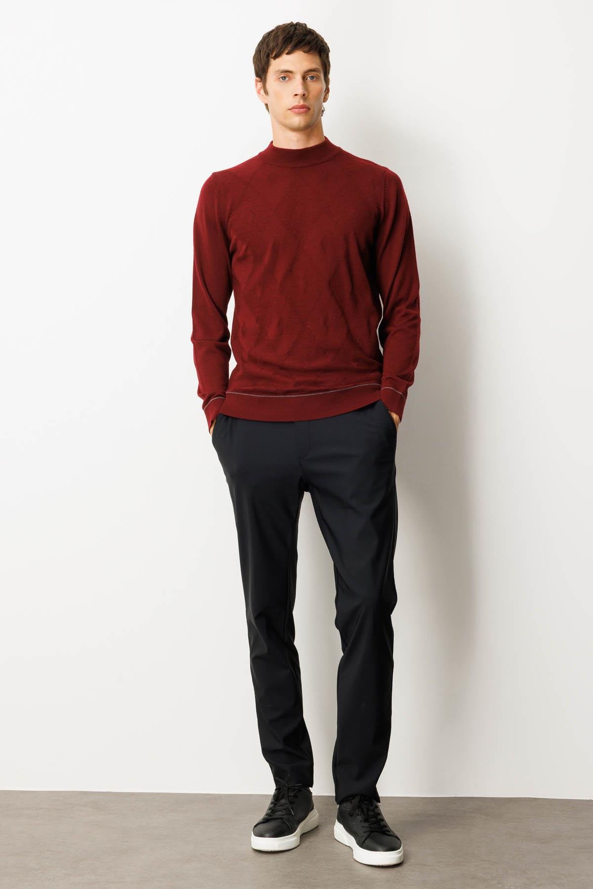 25605Erkek Yarım Balıkçı Yaka Çizgili Baklavalı Yün Kazak Bordo